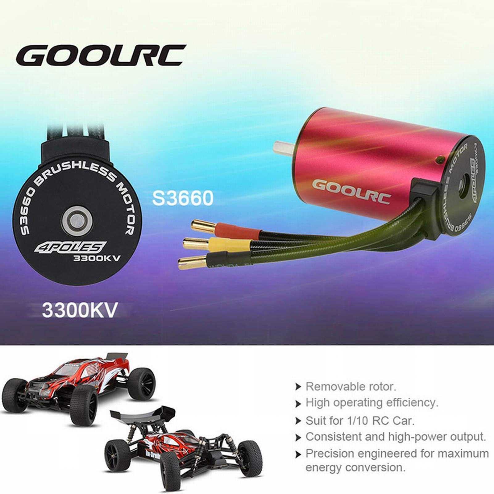 GoolRC S3660 3300KV Sensorless Brushless Motor with 60A ESC & Programming Card Combo for 1/10 RC Cars & Trucks - High Performance Upgrade for Off-Road Bashing, Racing and Crawling