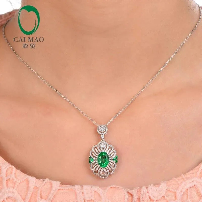 2.12ct Natural Emerald 14K White Gold Round Cut Diamond Pendant Necklace for Women - Elegant Jewelry Gift for Birthday, Anniversary & Special Occasions