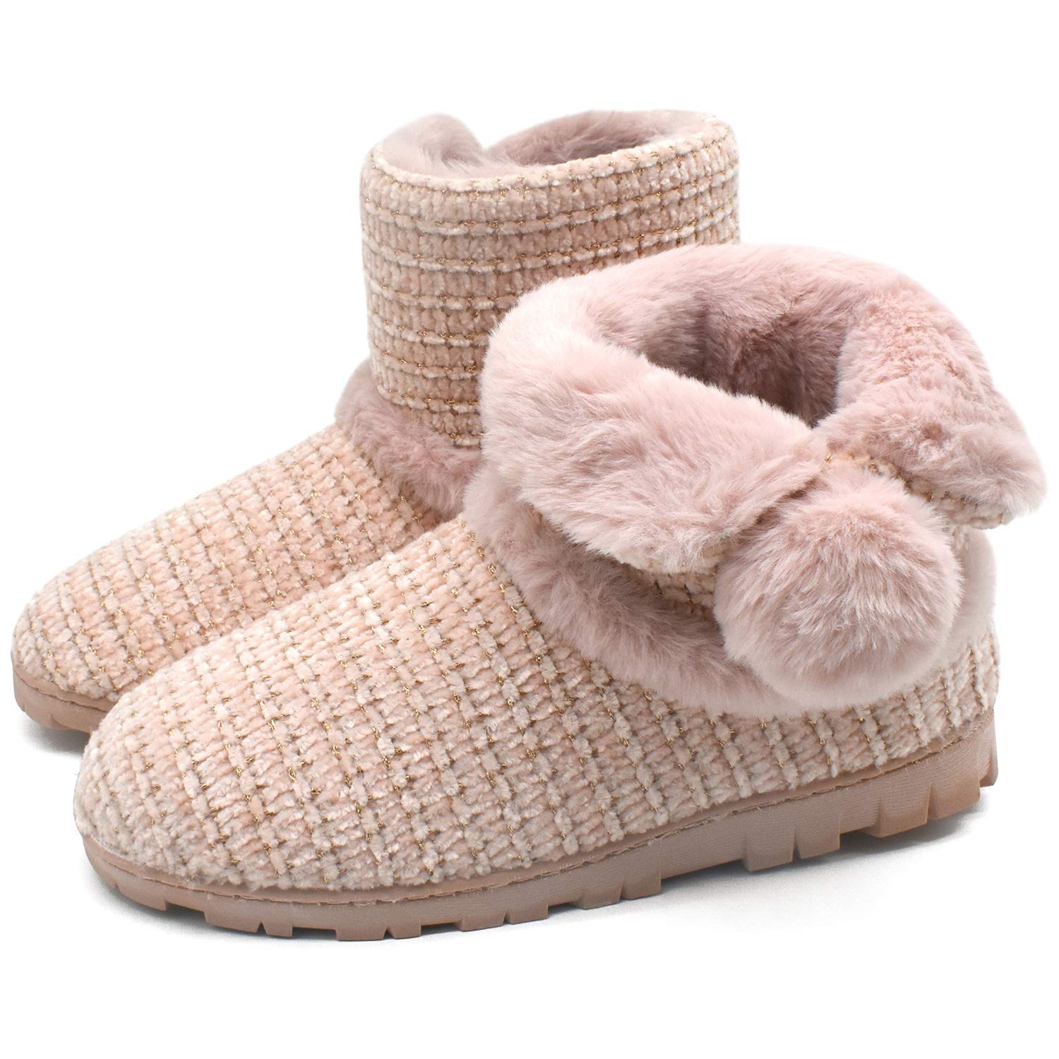 COFACE Women's Fuzzy Memory Foam Slippers - Warm Winter Bootie House Shoes with Anti-Skid Rubber Sole & Cute Pom Poms - Perfect for Indoor Comfort, Lounge Wear & Cozy Home Relaxation