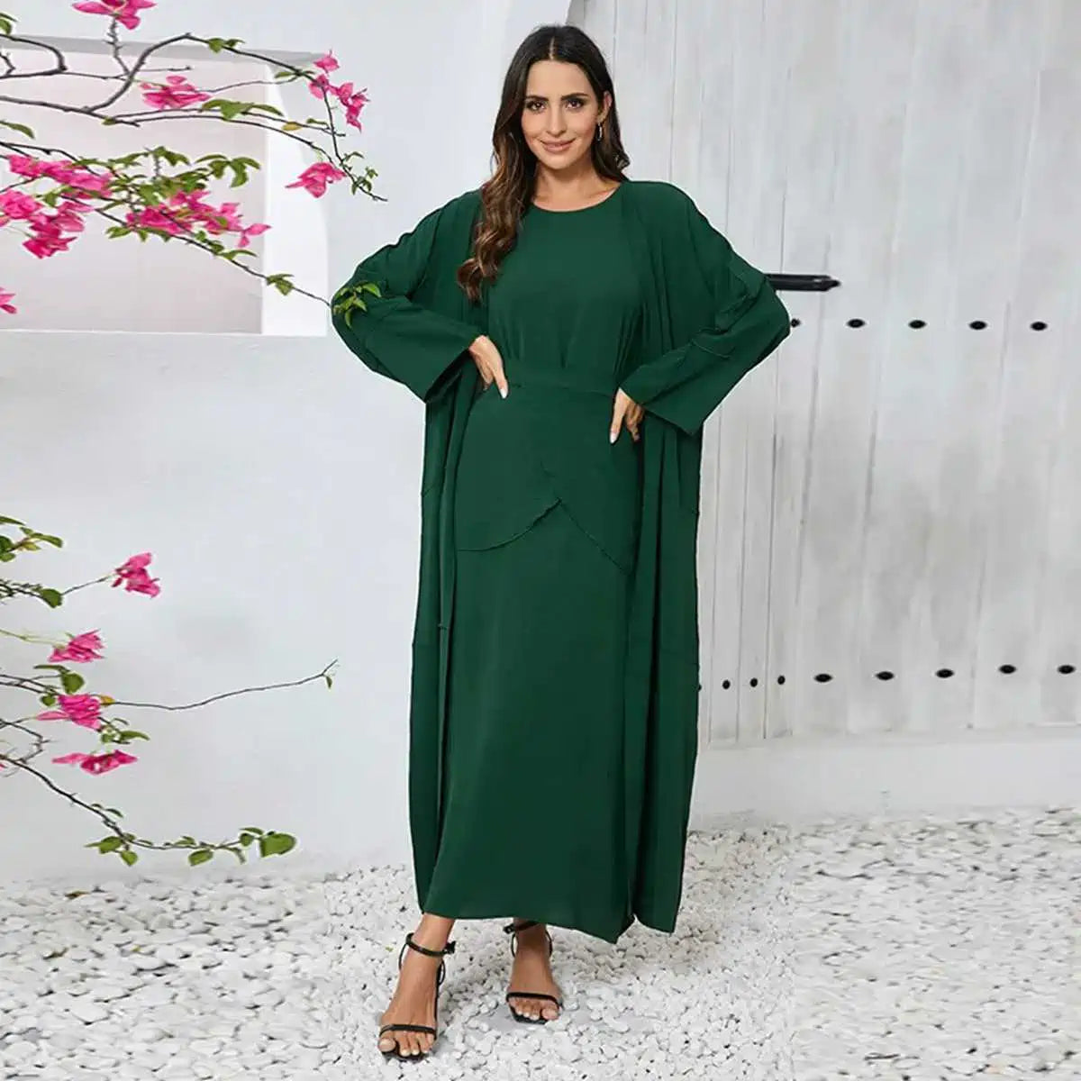 10 Color Options 3-Piece Wrinkled Abaya Dress Set - Outer Abaya, Mid Wrap & Sleeveless Inner Dress | Modest Islamic Fashion for Prayer, Eid & Special Occasions