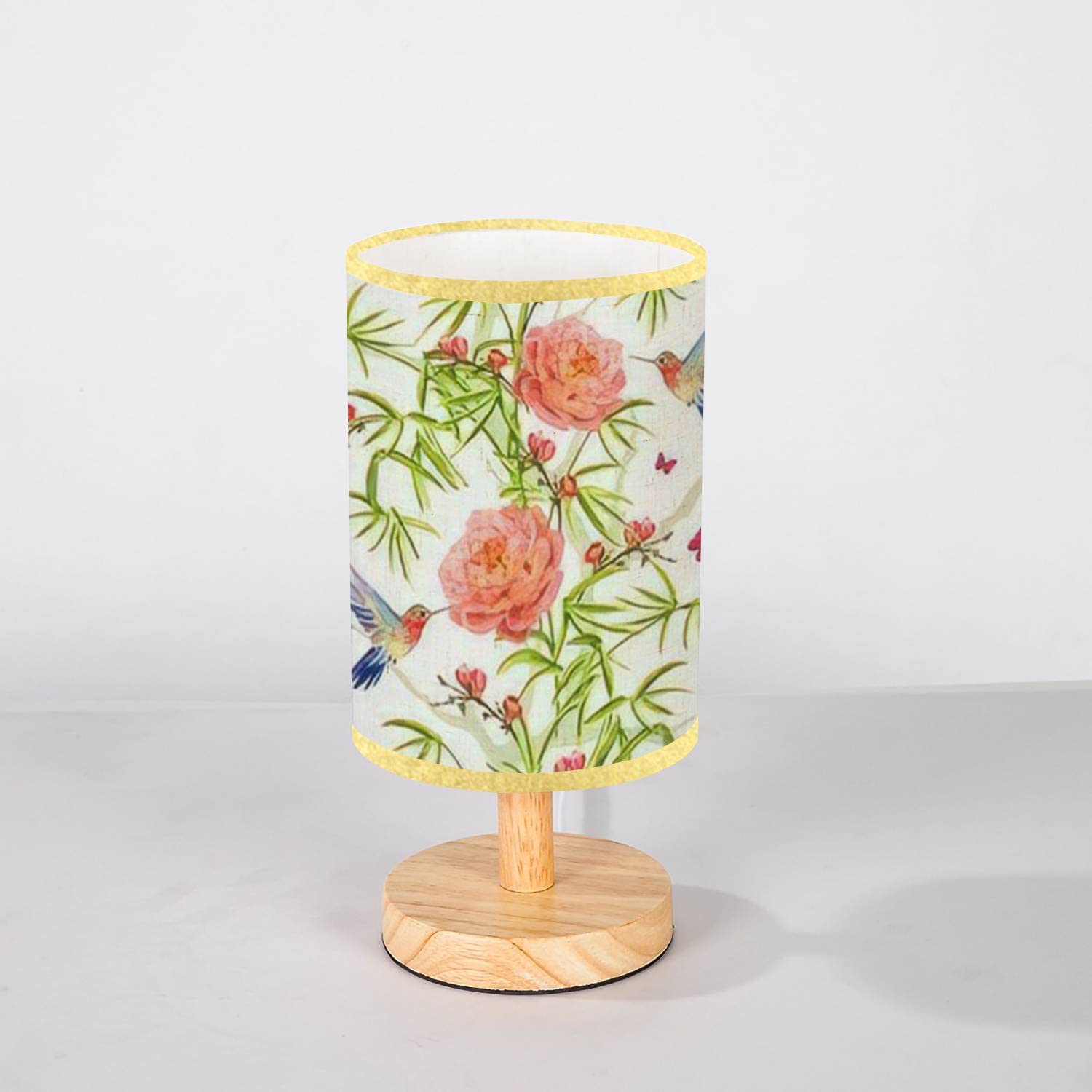 Minimalist Wooden Bedside Table Lamp with Bamboo Base & Flaxen Fabric Shade - Hand-Painted Tropical Floral Design for Bedroom, Living Room, Office | Nightstand Lighting for Reading & Relaxation