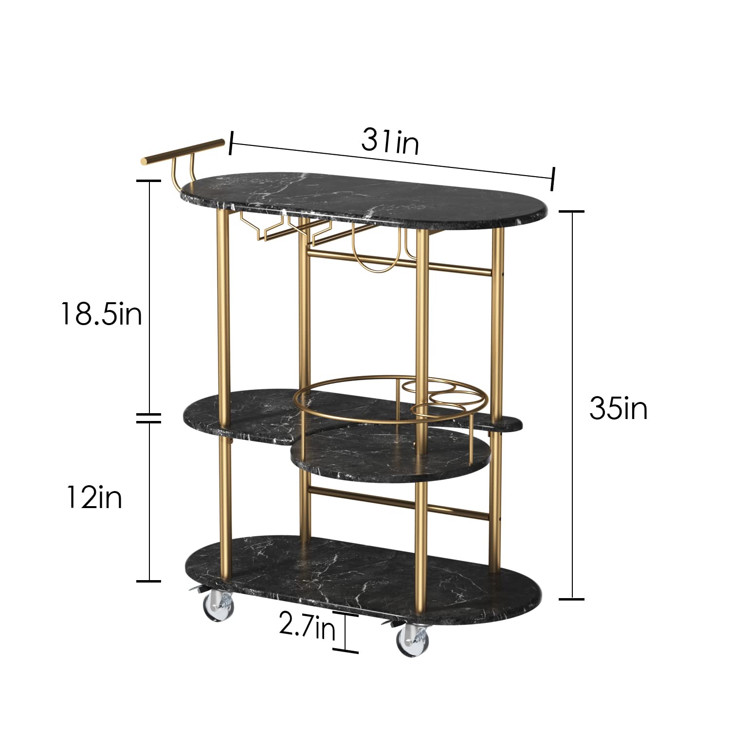 Black Bar Cart with 4-Tier Storage Shelves - Mobile Serving Cart with Wine Rack & Glass Holder - Perfect for Home, Kitchen, Living Room & Dining Room - Ideal for Cocktail Parties, Wine Tasting & Home Entertaining