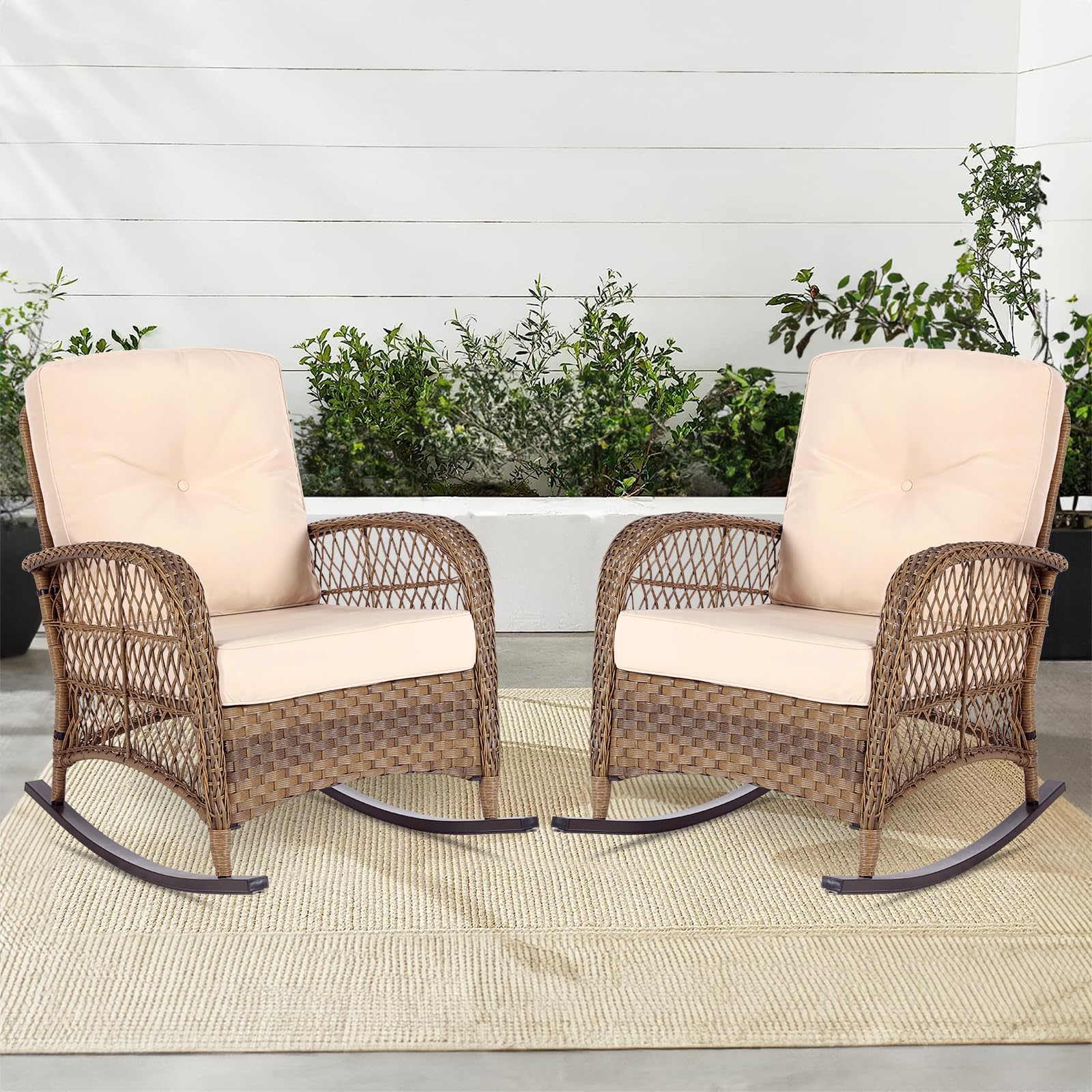 MEETWARM Outdoor Wicker Patio Rocking Chair Set of 2 - Cushioned Rattan Rocker with Steel Frame & Weather-Resistant Beige Cushions - Perfect for Porch, Deck, Poolside & Garden Relaxation