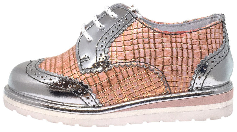 Hoo Shoes Girls Wing Tip Oxfords - Rose Gold Metallic Checkered Platform Shoes with Bright Laces | Stylish School Uniform, Party & Formal Occasion Footwear