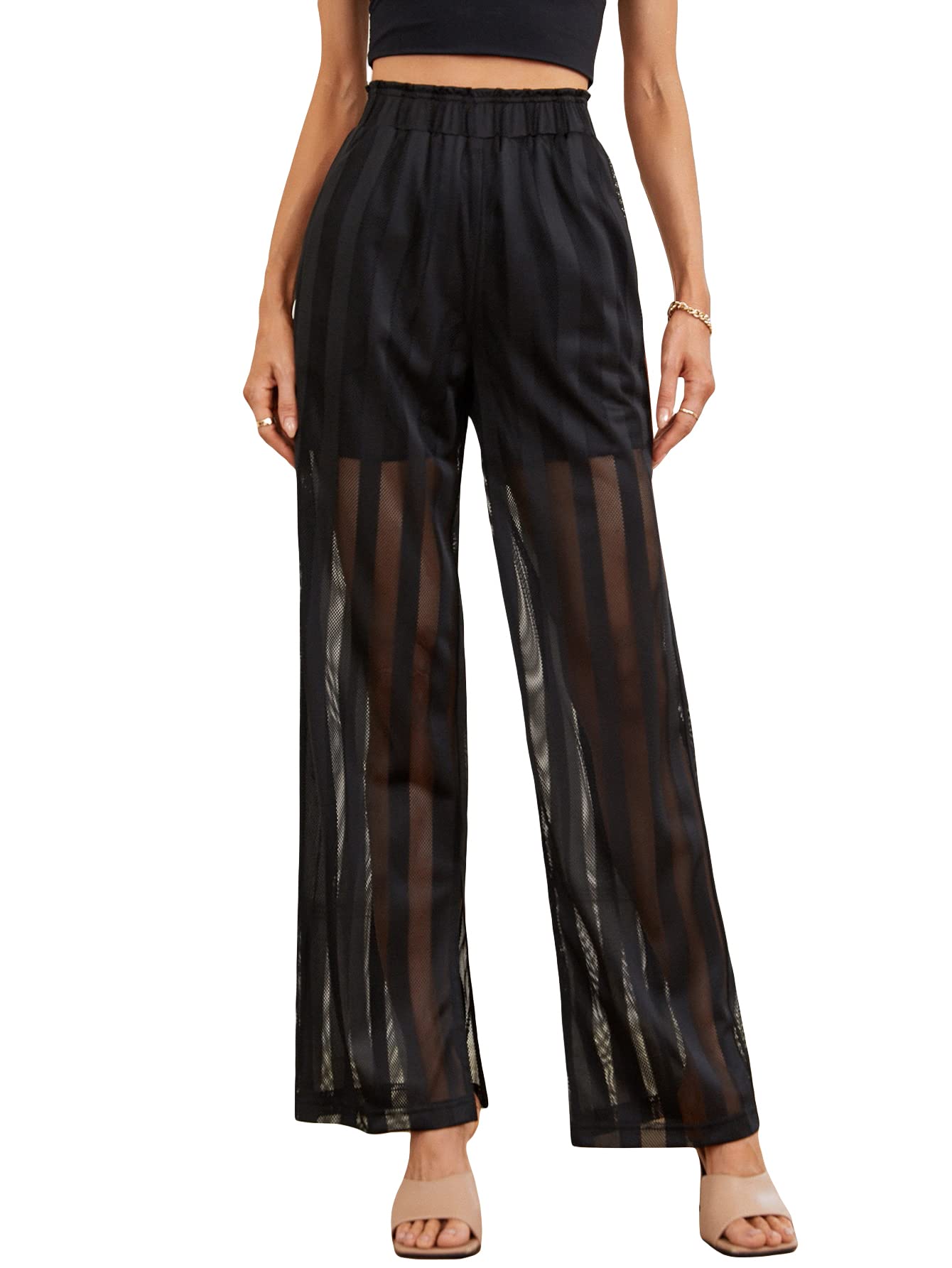 WDIRARA Women's Striped Mesh Sheer Wide Leg Pants with Split Hem - High Waisted Elastic Long Pants in Black - Perfect for Casual Outfits, Summer Fashion & Boho Style