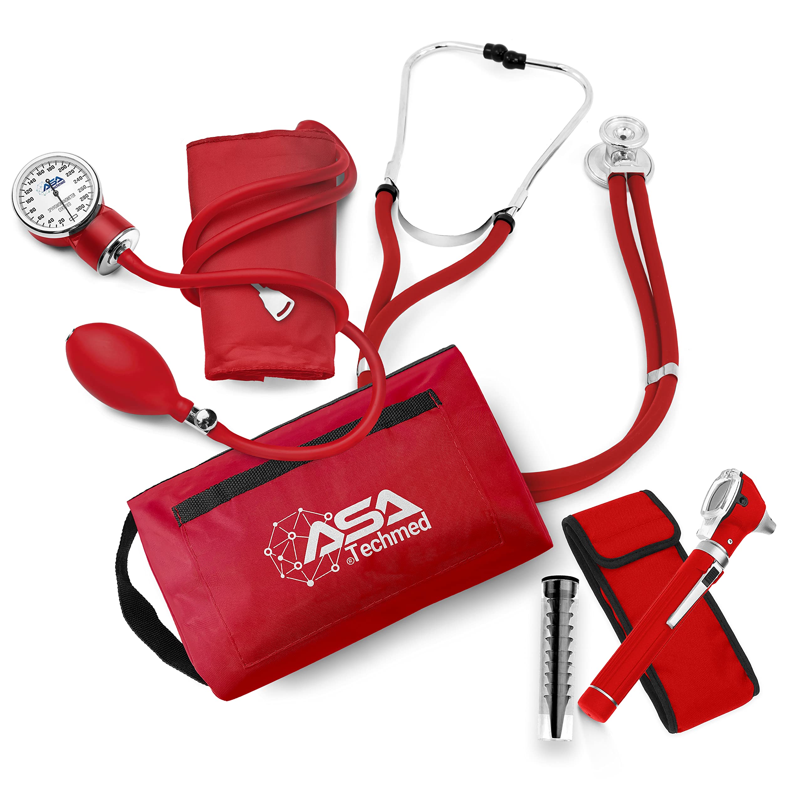 ASA TECHMED Professional Nurse Essentials Kit - Adult Aneroid Blood Pressure Monitor, Stethoscope & Diagnostic Otoscope in Travel Case (Red) | Perfect for Home Healthcare, Clinical Use & Medical Students