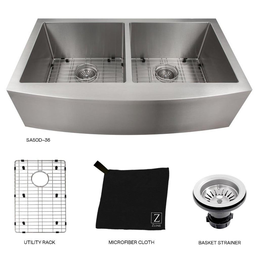ZLINE 36 Inch Farmhouse Apron Front Double Bowl Kitchen Sink with Bottom Grid - Stainless Steel, Multiple Color Options (SA50D 36) - Perfect for Modern Farmhouse Kitchens, Renovations & Chef-Inspired Cooking Spaces