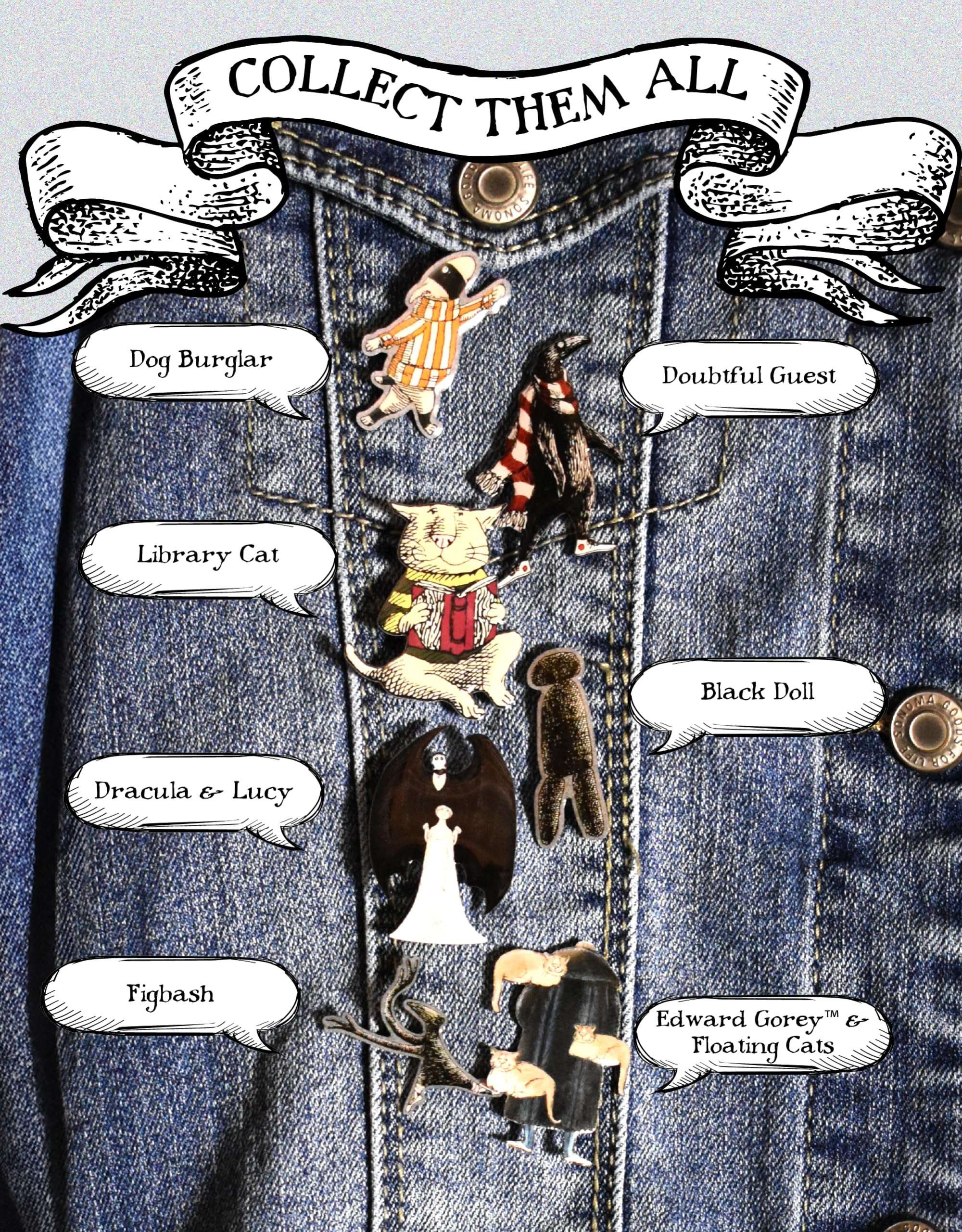 Edward Gorey Enamel Pin Set - Aesthetic Metallic Lapel Pins for Men & Women | Backpack, Jacket & Hat Accessories | Collectible Pinch Button Badges with Secure Rubber Clasp