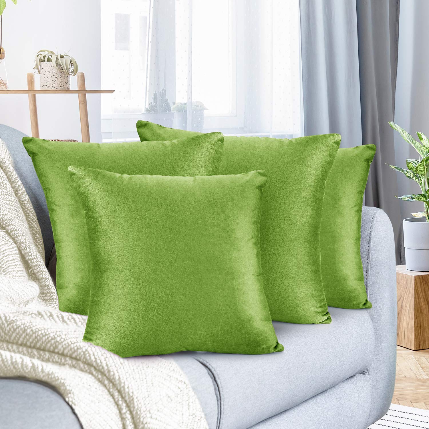 Luxury Velvet Throw Pillow Covers 24x24 Inches - Soft Solid Decorative Couch Pillow Cases for Sofa, Bed, Car - Set of 4 in Garden Green - Perfect for Home Decor, Living Room Accents & Cozy Comfort