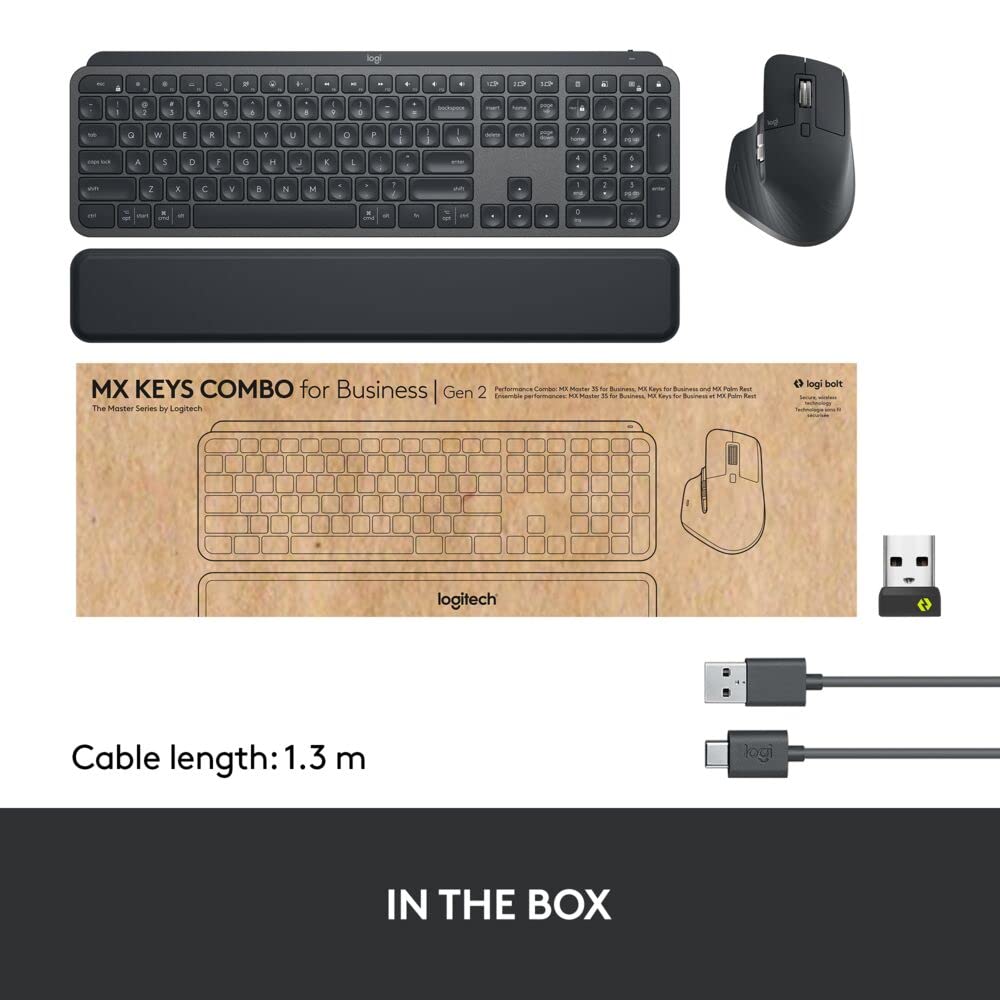 Logitech MX Keys Combo for Business Gen 2 - Full Size Wireless Keyboard & Mouse Set with Palm Rest | Bluetooth & Logi Bolt Connectivity | Silent Clicks | Compatible with Windows, Mac, Chrome & Linux (Graphite) | Perfect for Office Work, Remote Jobs & Professional Typing