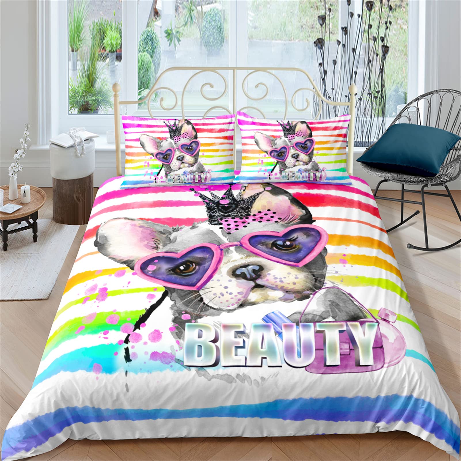Balen Bear Hip Hop Dog Comforter Cover Set - French Bulldog Puppy Duvet Cover, Animal Print Bedding Set Twin Size (2pc) - Soft Microfiber Quilt Cover with Pillowcase - Perfect for Kids' Room, Teen Bedroom & Dog Lover Gift