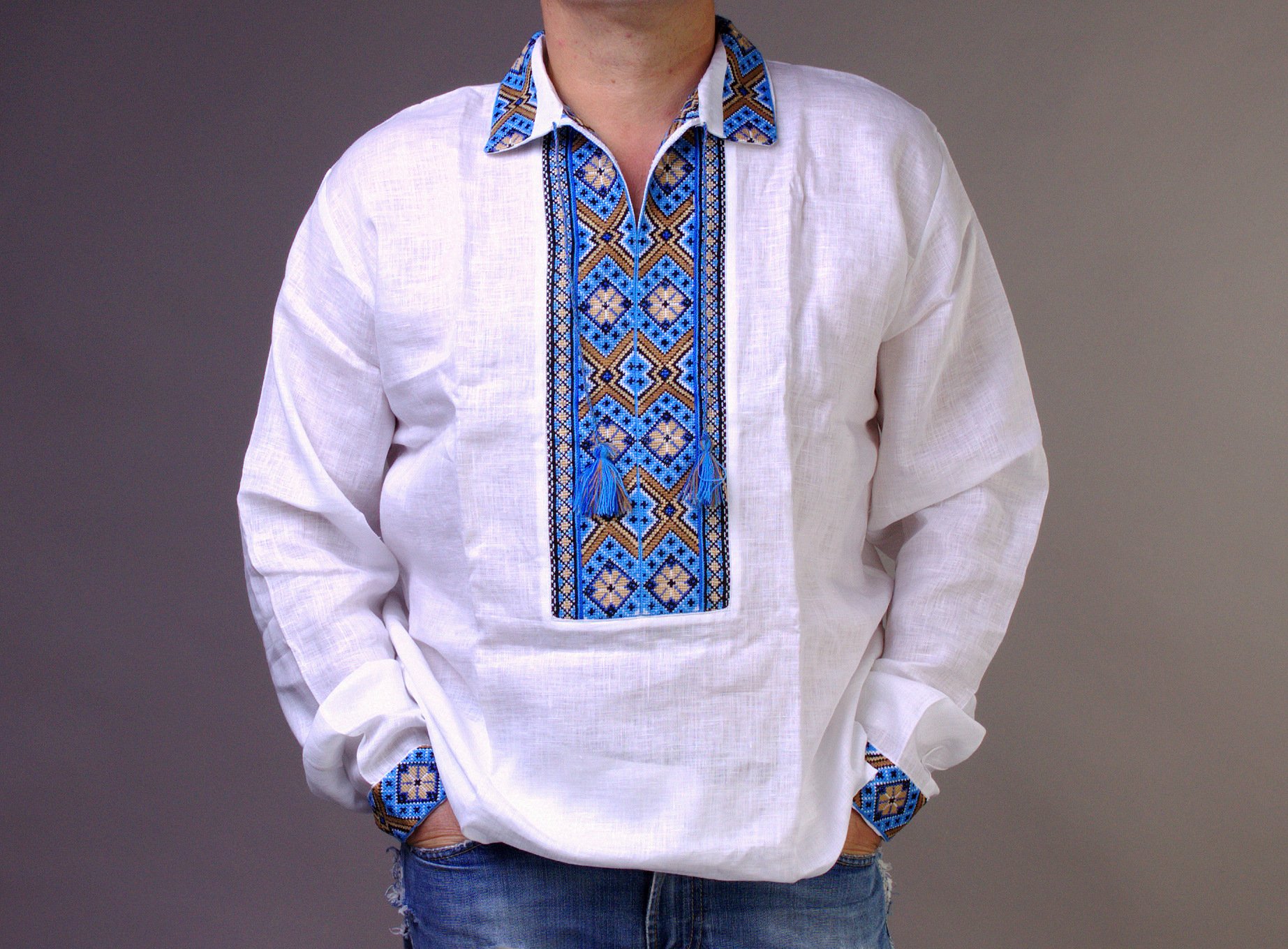 Authentic Ukrainian Vyshyvanka Men's Embroidered Polo Shirt - Handmade White & Blue Linen Shirt for Men - Traditional Folkwear for Festivals, Weddings & Cultural Events