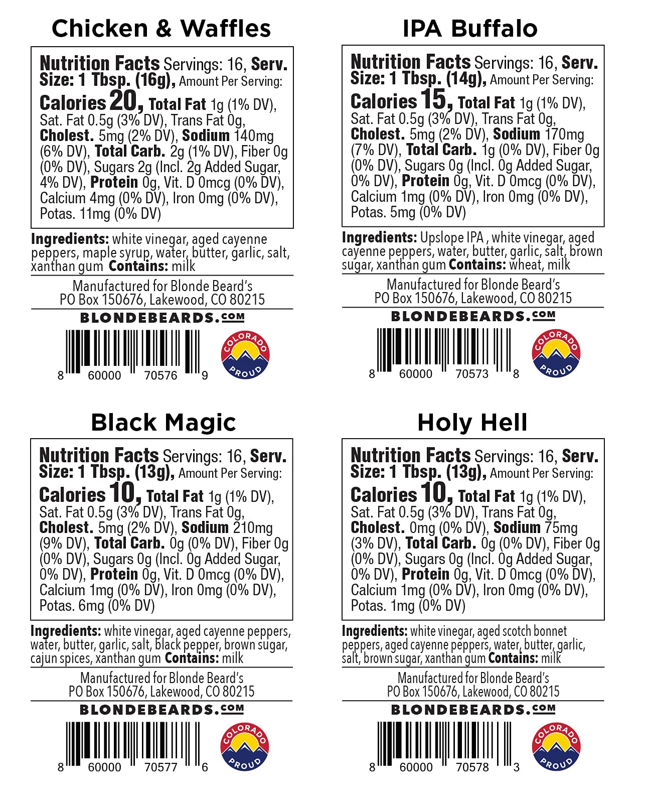 Blonde Beard's Buffalo Sauce Variety 4-Pack - Wing Sauce Gift Set with Chicken & Waffles, IPA Buffalo, Black Magic & Holy Hell (Mild to Extra Hot) - Perfect for Chicken Wings, Burgers, Pizza & Dips (4 x 8 fl oz Bottles) - Premium Hot Sauce Collection for BBQ, Parties & Gifts