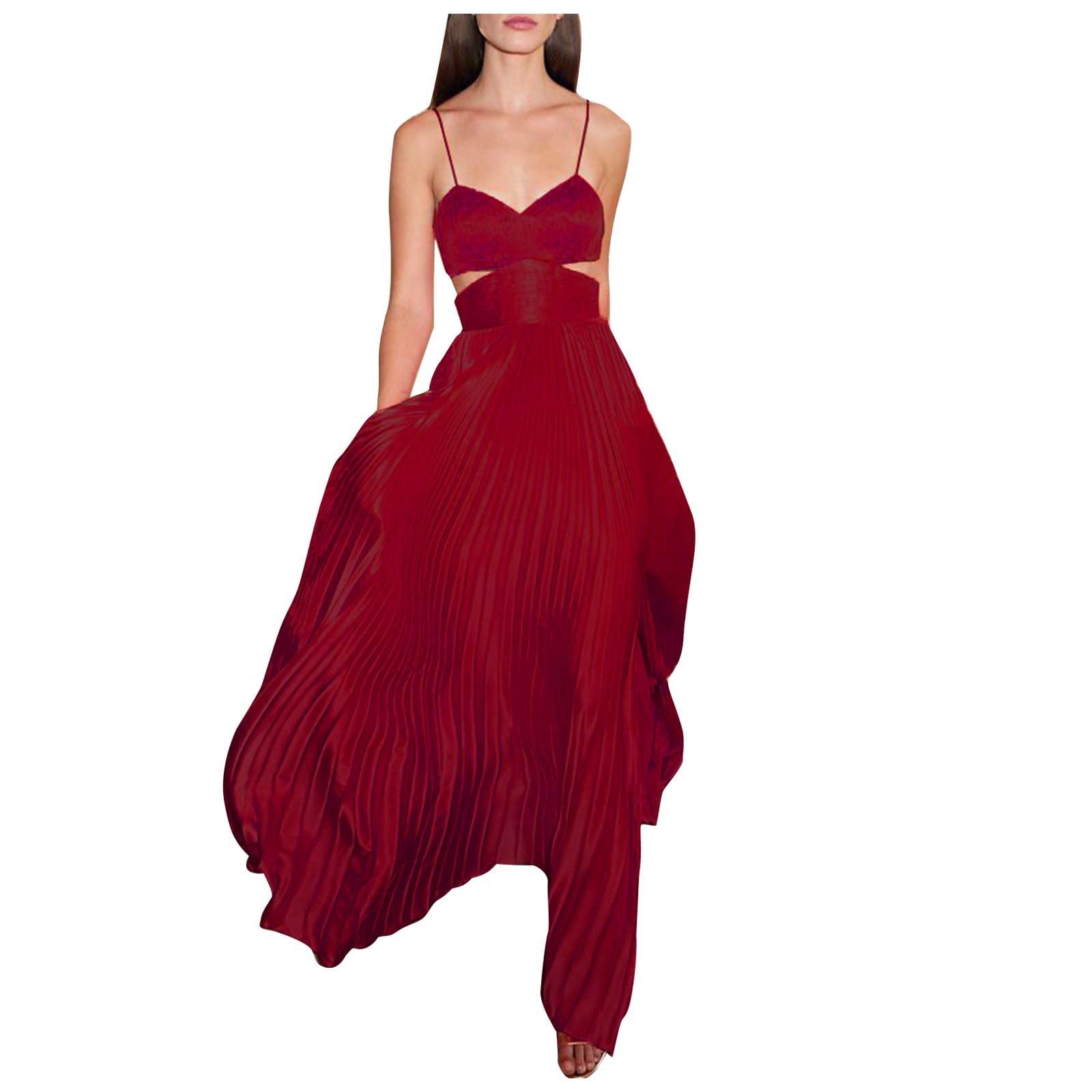 Women's Casual Summer Sleeveless V-Neck Solid Maxi Dress - Wedding Guest, Beach Party, Vacation & Everyday Wear Flowy A-Line Dress with Spaghetti Straps