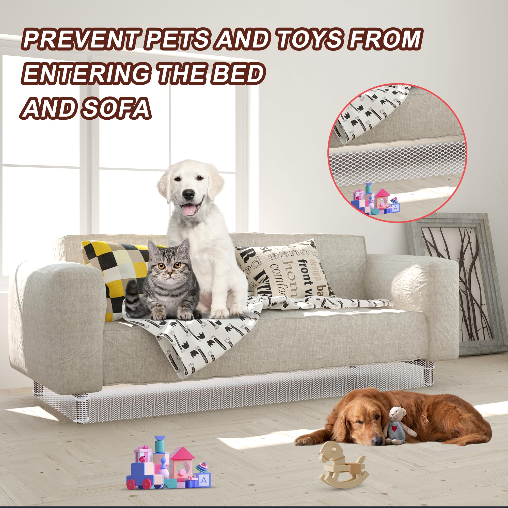ROYALAY Adjustable Under Bed Blocker for Pets - Extra Tall Gap Bumper for Under Couch & Furniture - Toy Blocker with Zip Ties - Stops Kids, Dogs & Cats Toys from Going Under Couch & Bed Gaps (240x16 Inch, White) - Perfect for Pet Owners & Parents to Keep Spaces Clean & Safe