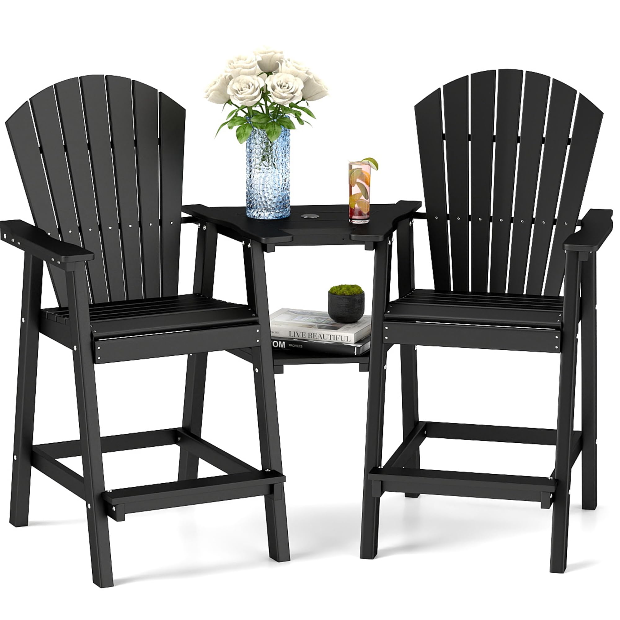 FOOWIN 2-Pack Recycled Poly Adirondack Chairs with Connecting Tray - Weather-Resistant Outdoor Patio Furniture for Deck, Lawn, Poolside & Backyard Relaxation