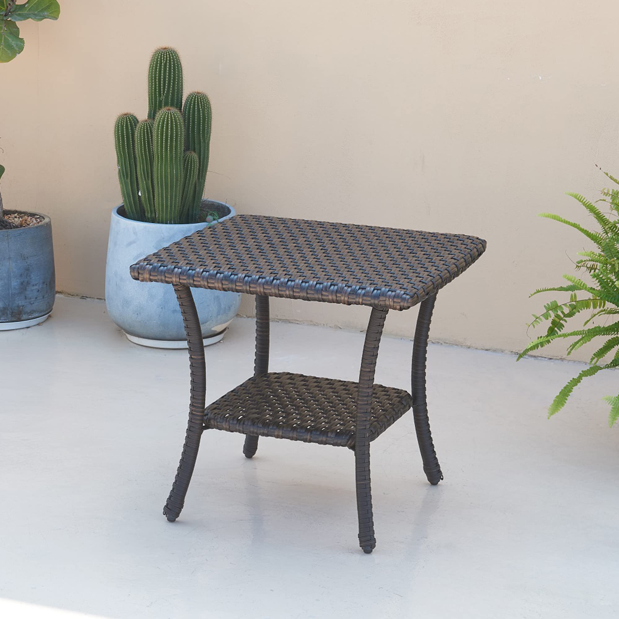Wicker Coffee Table - Rattan End Table with 2-Tier Storage Shelf, Square Brown Patio Side Table for Outdoor & Garden Use - Perfect for Porch, Deck, and Poolside Relaxation