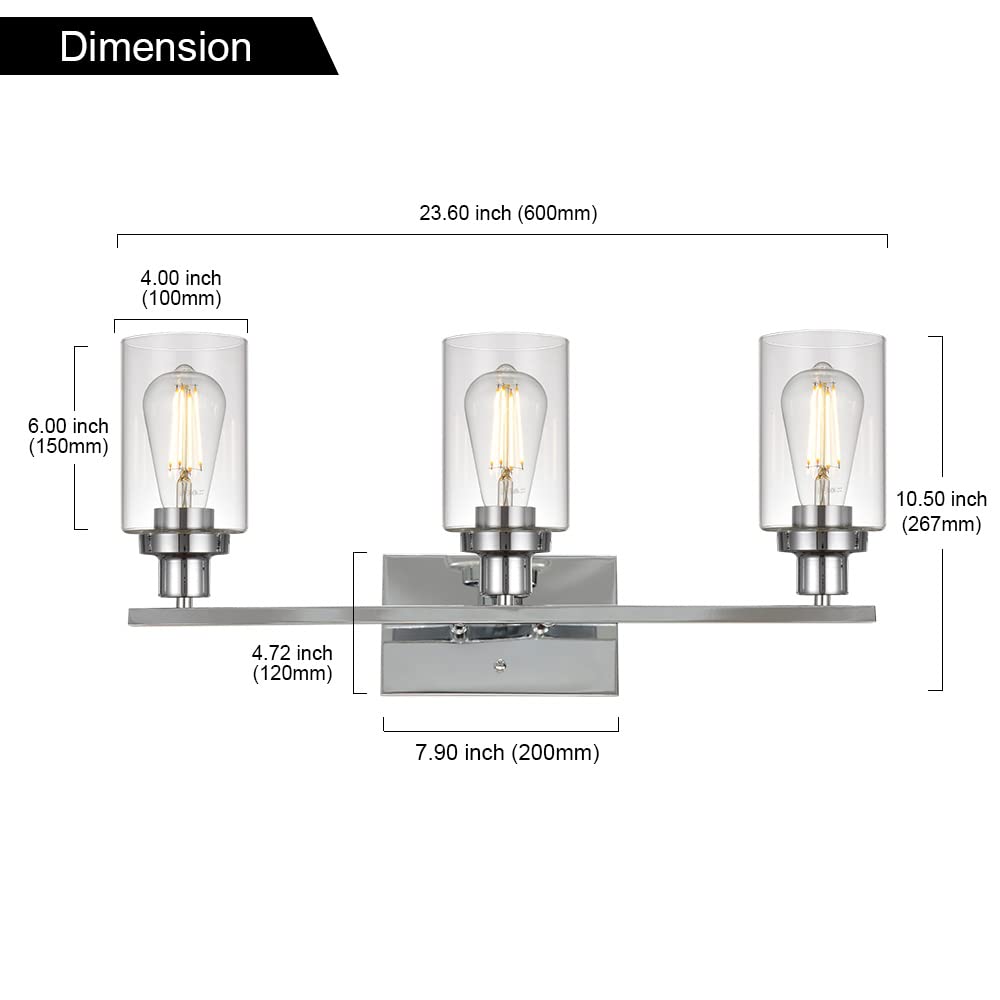 Modern Chrome Bathroom Vanity Light Fixture - 3-Light Contemporary Wall Sconce with Clear Glass Shade for Bathroom, Hallway, Kitchen & Bedroom Lighting (Patent: US D963914 S) | Perfect for Vanity Mirror Lighting, Entryway Decor & Modern Home Illumination