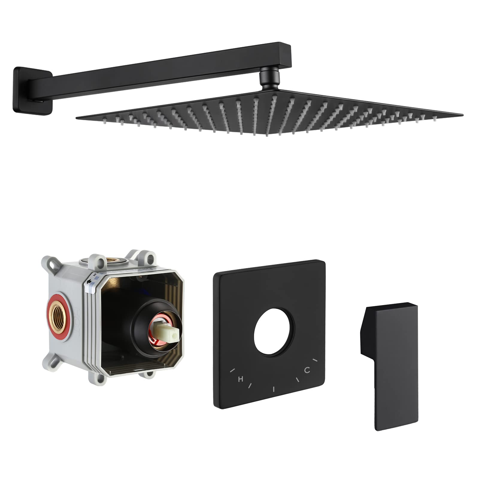 KES Black Shower Faucet Set - 12-Inch Square Rain Shower Head with Pressure Balance Valve & Trim Kit (XB6215S12-BK) - Perfect for Modern Bathroom Renovations & Luxury Spa Experience