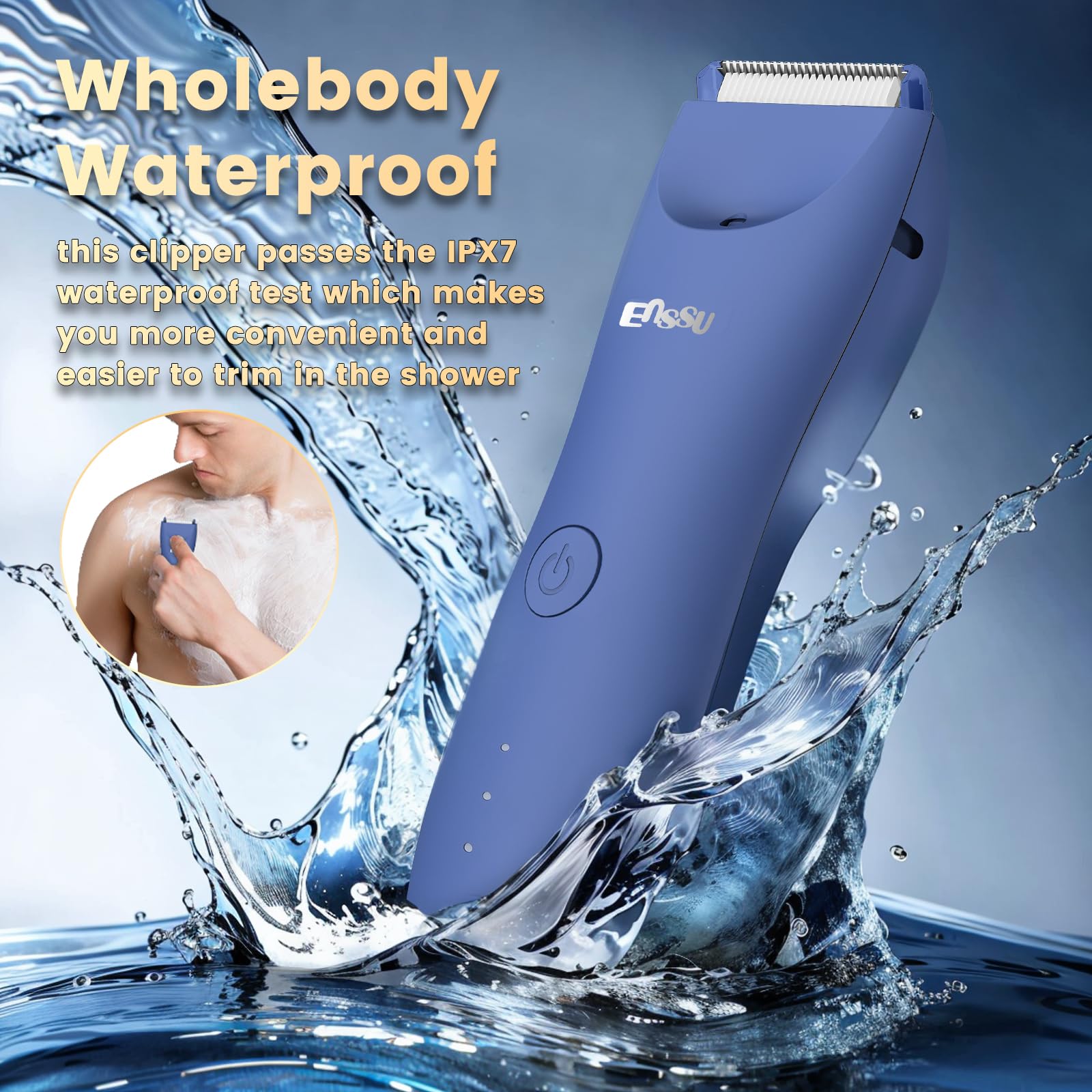 ENSSU Rechargeable Men's Body Hair Trimmer with LED Light & Waterproof Design - Pubic, Chest & Ball Trimmer with Charging Dock & Indicator (Blue) - Perfect for Travel, Gym & Home Grooming