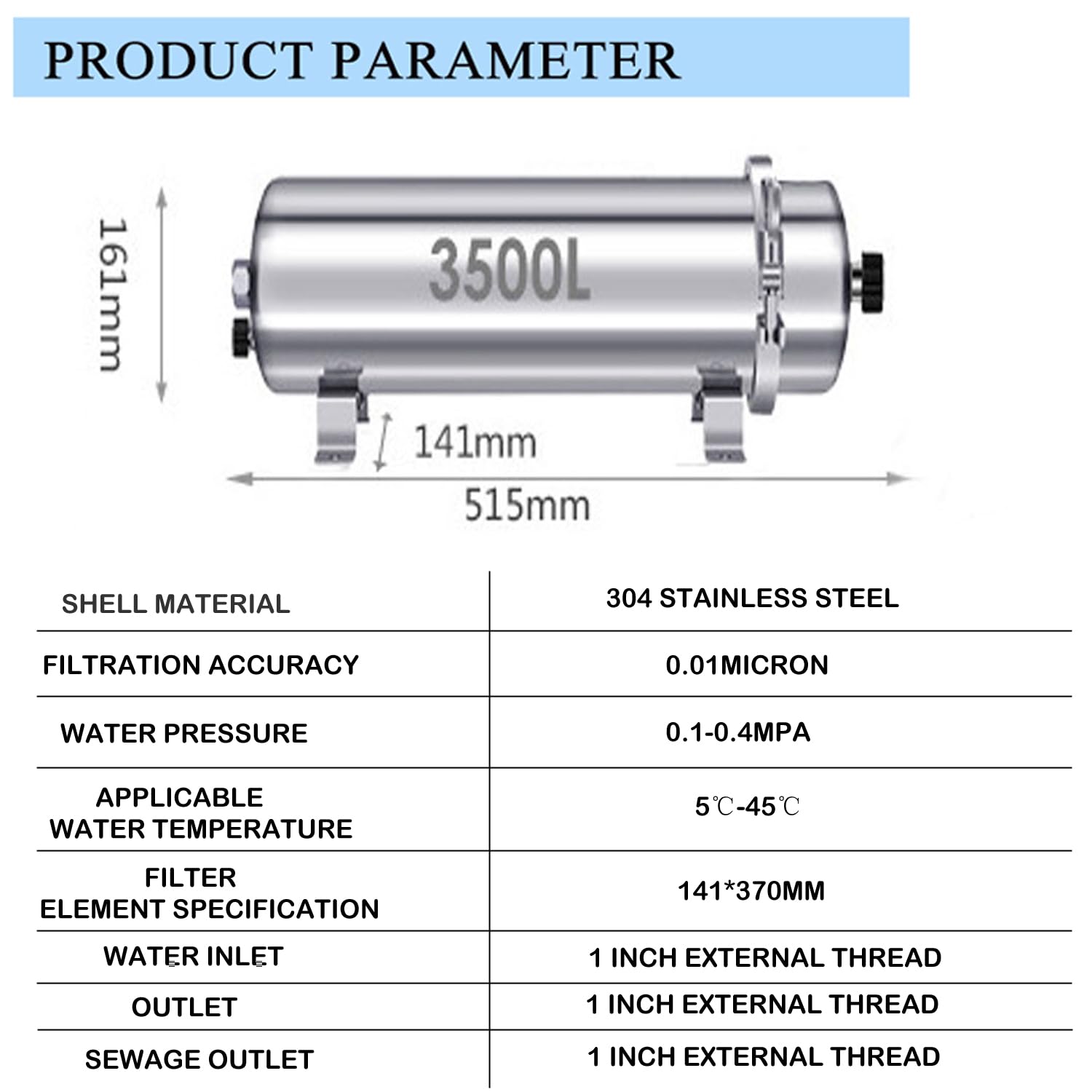 Premium 304 Stainless Steel Ultrafiltration Membrane Water Filter - 3500L/H Flow Rate, 0.01 Micron PVDF Filtration System - Washable & Reusable for Home, RV, Camping Water Purification