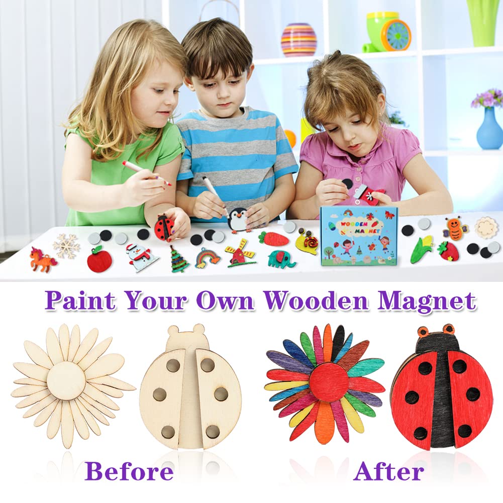 Worgree DIY Wooden Magnets Kit - 36 pcs Wooden Craft Painting Supplies for Kids Ages 4-12, Creative Art Party Favors, Birthday Easter Gifts, Classroom Activities & Holiday Goodie Bag Stuffers