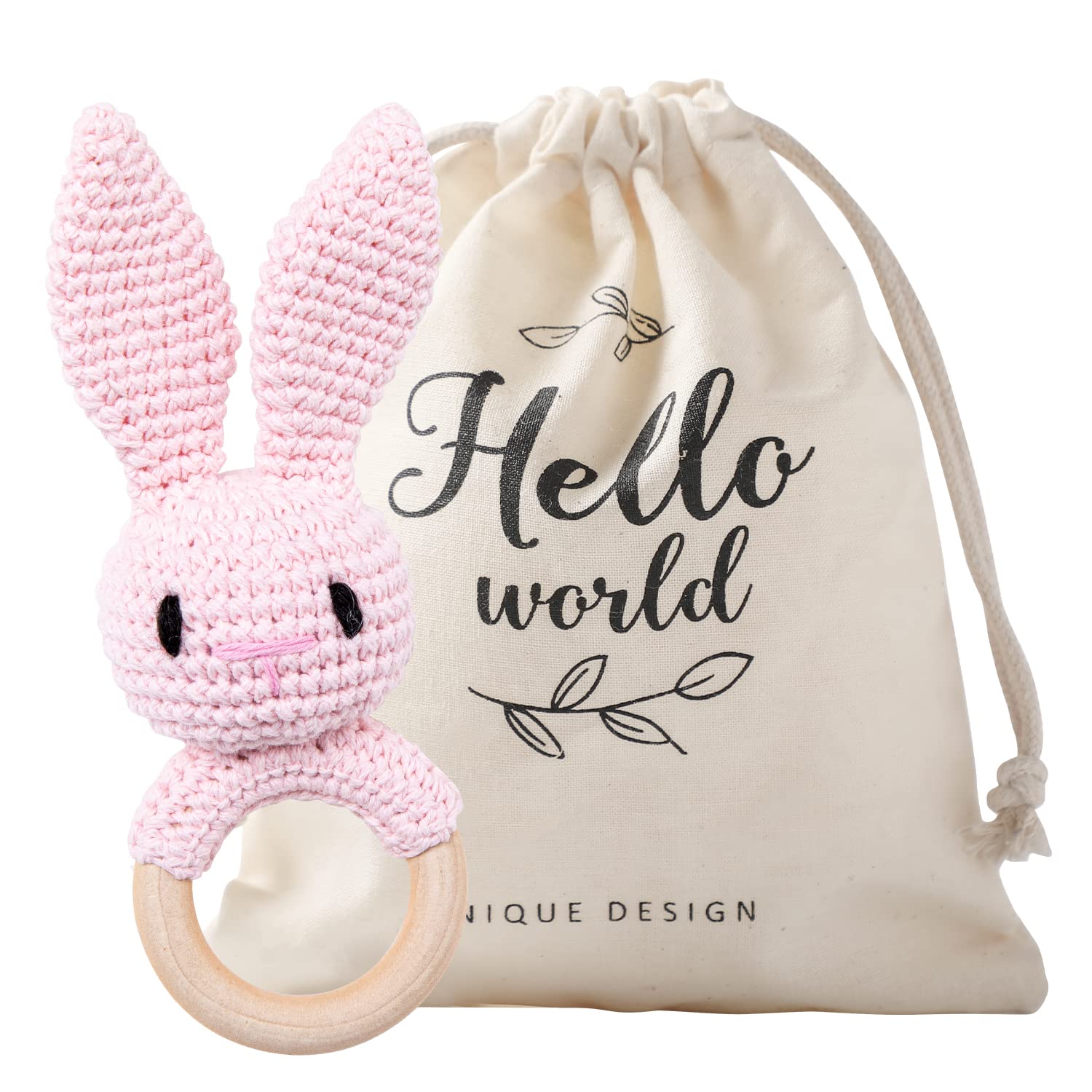 Wooden Baby Rattle for Toddlers - Handmade Crochet Pink Bunny Ring Rattle Toy | Safe & Natural Newborn Infant Toy | Perfect for Teething, Sensory Play & Early Childhood Development