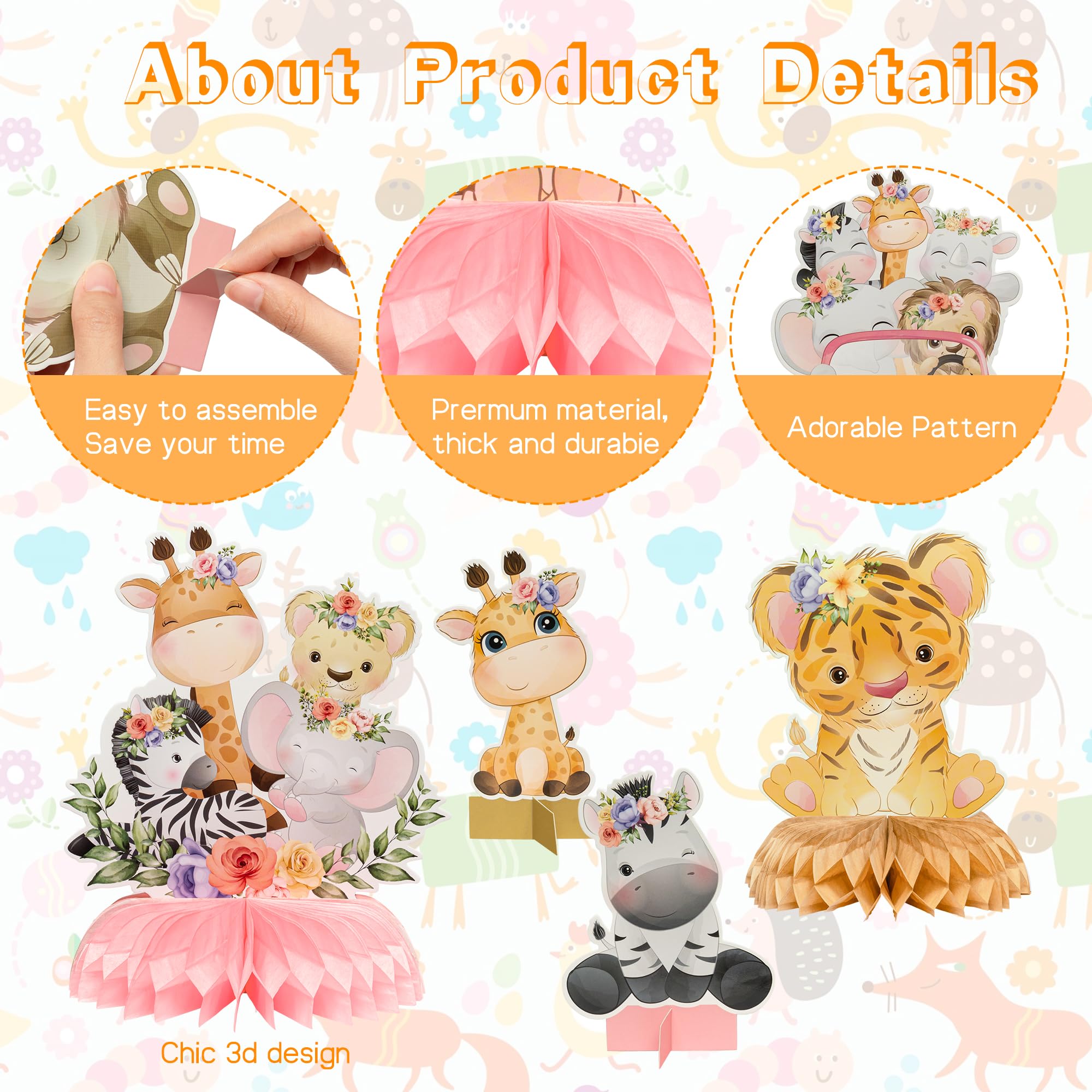 12Pcs Floral Safari Animal Honeycomb Centerpieces - Pink Jungle Baby Shower Decorations, Wild Animal Theme Party Table Toppers for Girls' Wild One Birthday - Perfect for Baby Showers, Birthday Parties & Photo Props