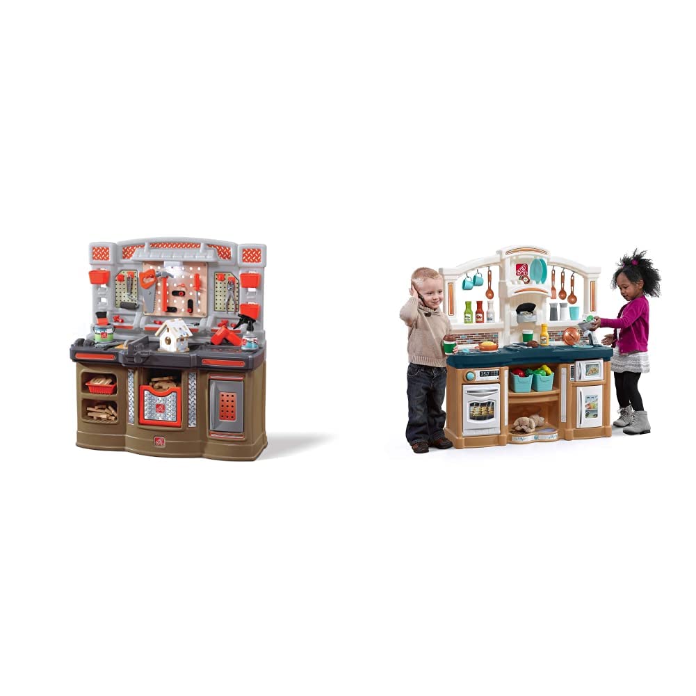 Step2 Big Builders Pro Workshop & Kids Play Kitchen Set with Realistic Lights, Sounds & 45-Piece Accessories | Blue Plastic Pretend Play Toy for Toddlers & Preschoolers | Indoor Pretend Cooking, Role Play & Social Development Activity