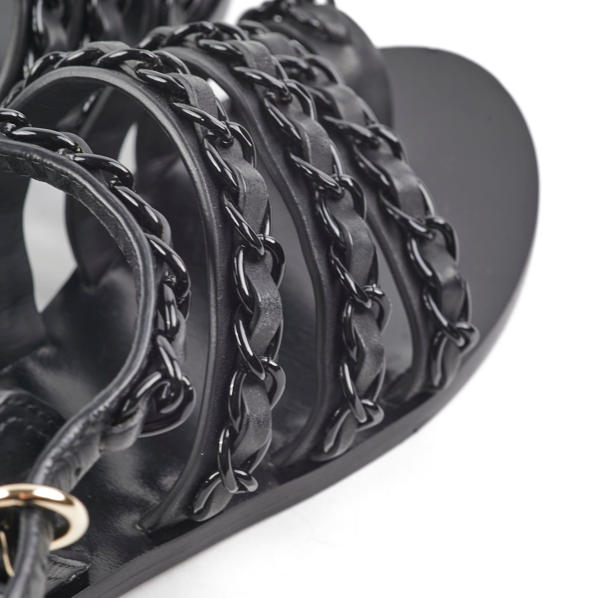 Chanel Black Leather Chain Strap Sandals Size 36 - Luxury Women's Summer Shoes for Beach, Party & Evening Wear