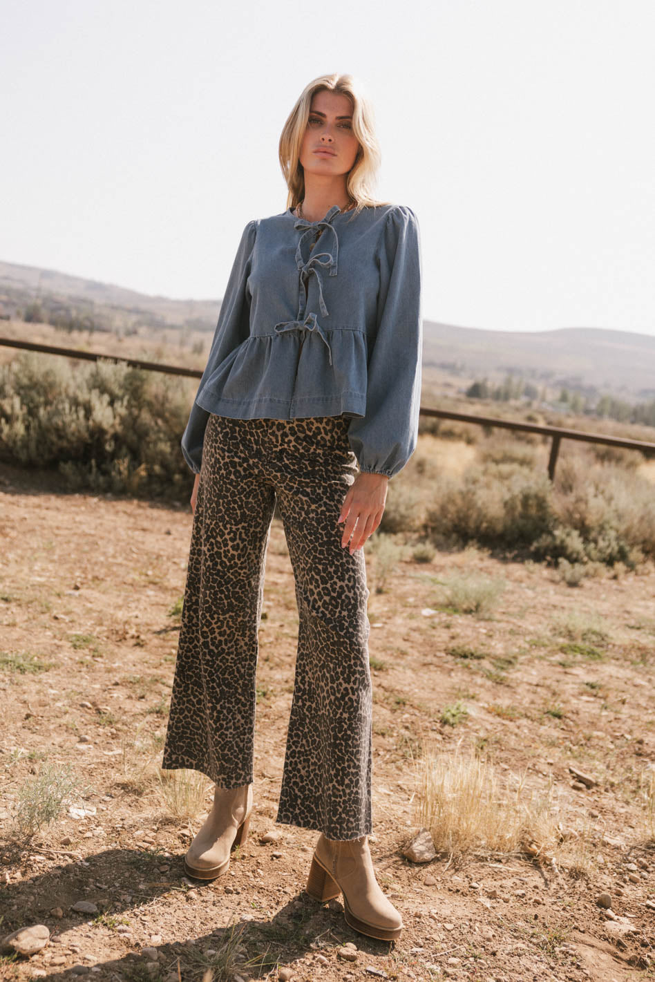 Maggie Peplum Tie Blouse Women's Casual Tops - Medium Wash Denim Shirt for Work, Date Night & Spring Outfits