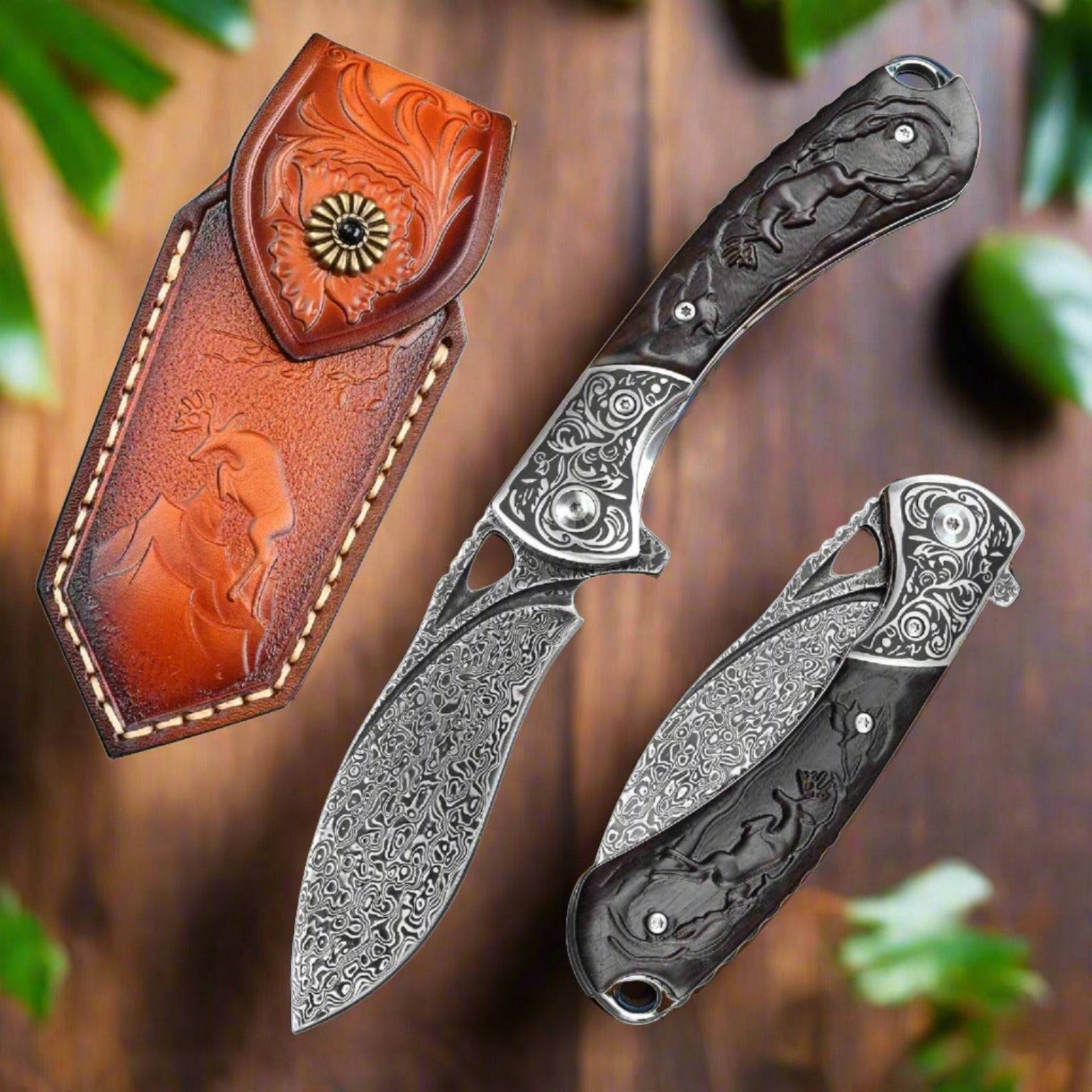 Premium VG10 Damascus Steel Handmade Pocket Knife with Clip & Exotic Ebony Wood Handle - Perfect for EDC, Camping, Hunting, and Outdoor Adventures