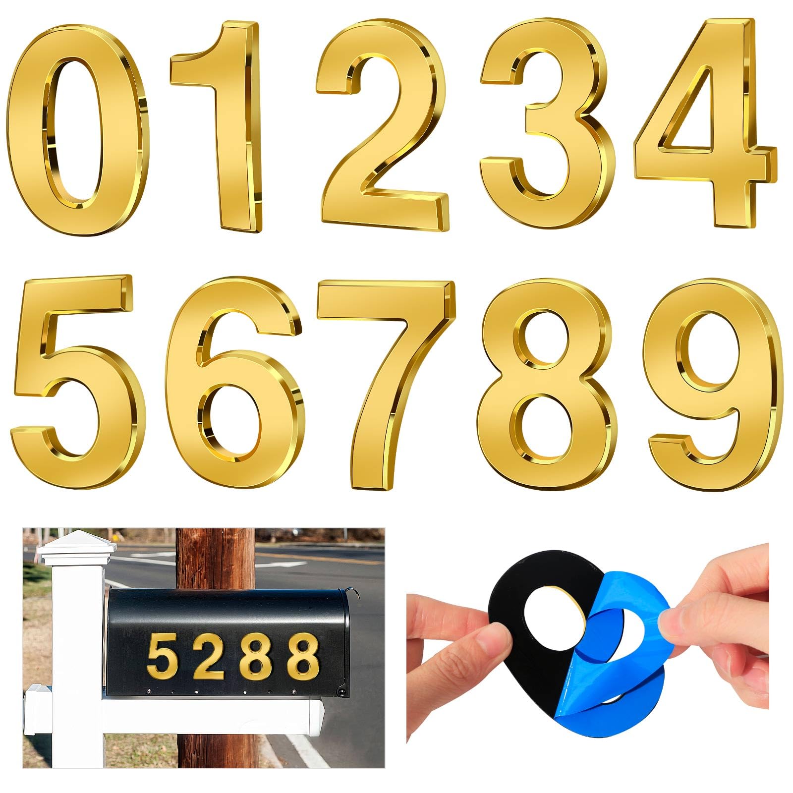 Ranslen 10-Piece 3-Inch Self-Adhesive House Numbers 0-9 - Gold Electroplated Plastic 3D Mailbox Address Stickers for Home, Apartment, Office & Hotel Room - Perfect for Mailbox, Door & Wall Numbering