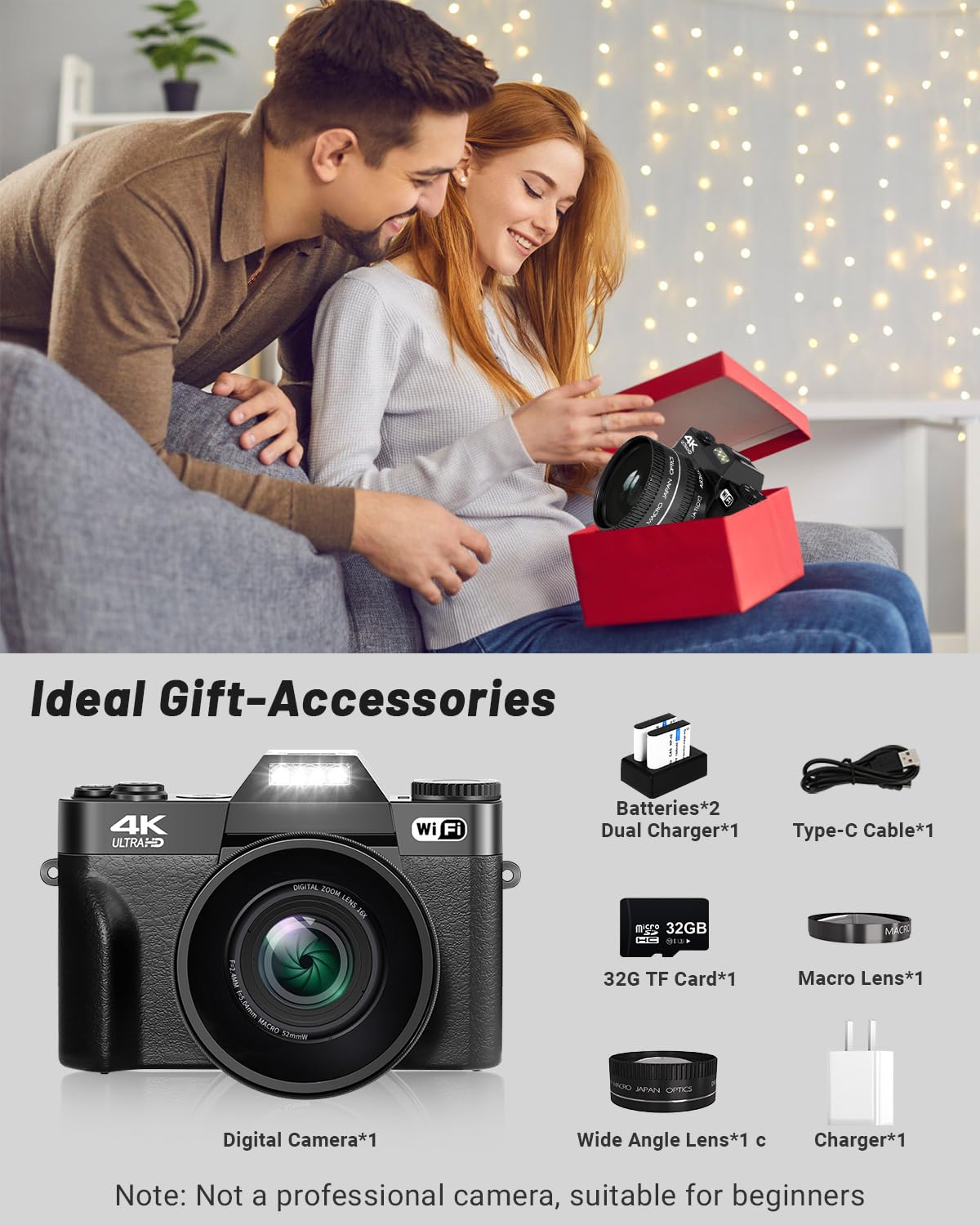 2024 Upgraded VJIANGER 4K 56MP Digital Camera with WiFi, 180° Flip Screen & 16X Zoom - Perfect for YouTube Vlogging, Travel Photography, and Content Creation (Includes 52mm Lens, 2 Batteries, 32GB SD Card, Black)
