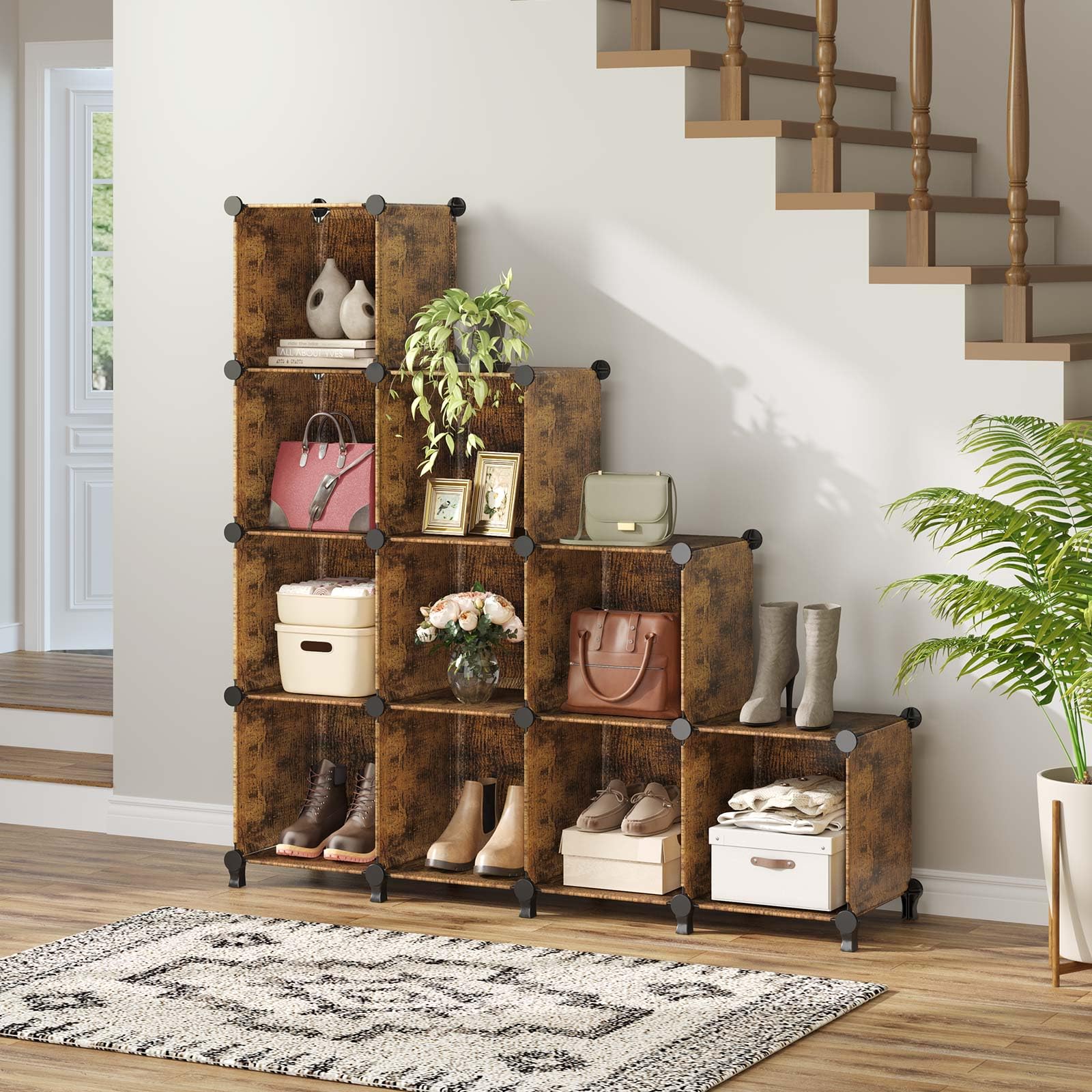 GREENSTELL 12-Cube Closet Organizer with Rubber Mallet - Portable Storage Shelves for Kids Clothes, Bedroom, Office (11.8x11.8x11.8 Inch) - Rustic Brown - Perfect for Small Spaces, Nursery Organization & Home Office Storage