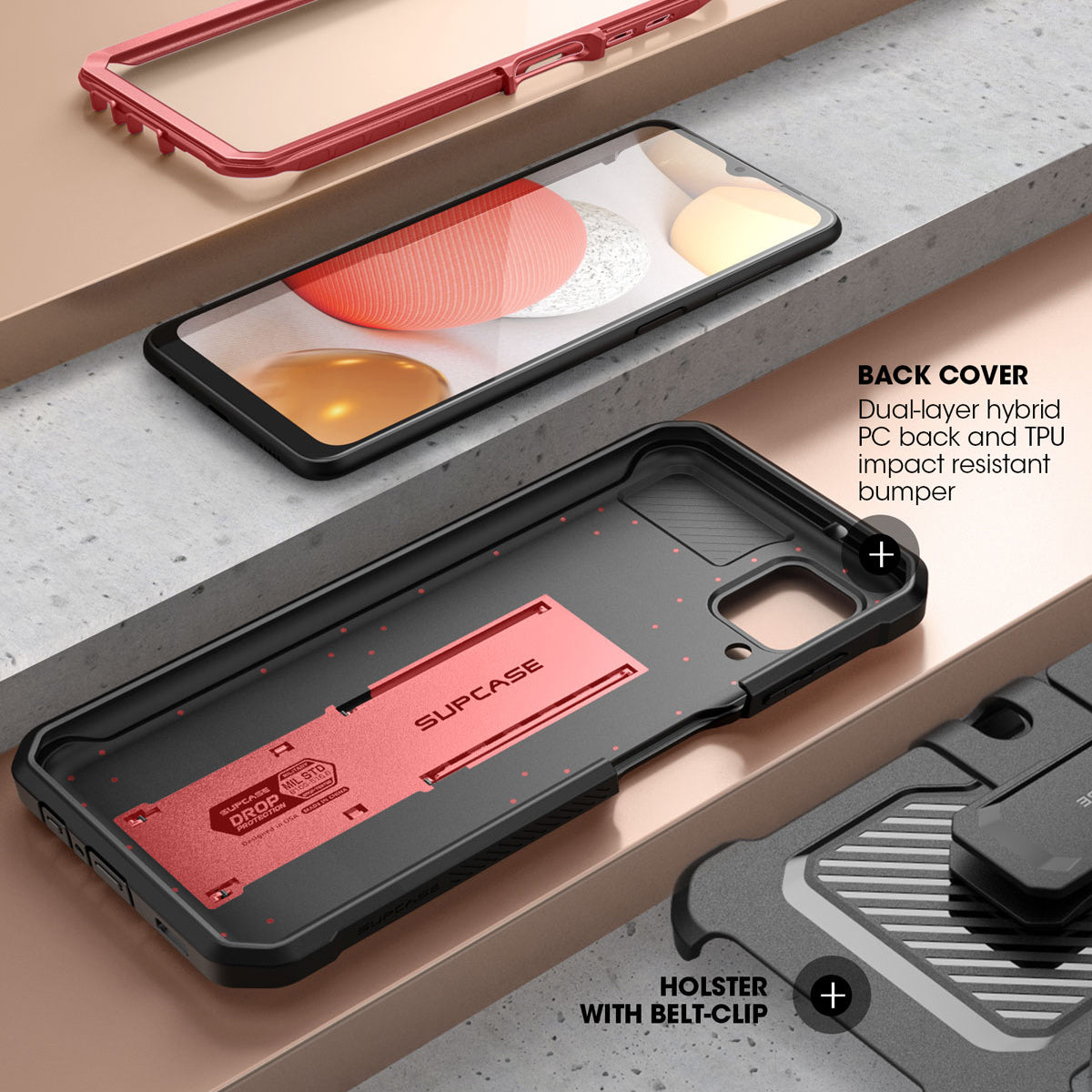 Samsung Galaxy A12 Unicorn Beetle Pro Rugged Case with Holster - Shockproof & Drop Protection - Metallic Red - Perfect for Construction, Outdoor Work & Extreme Sports