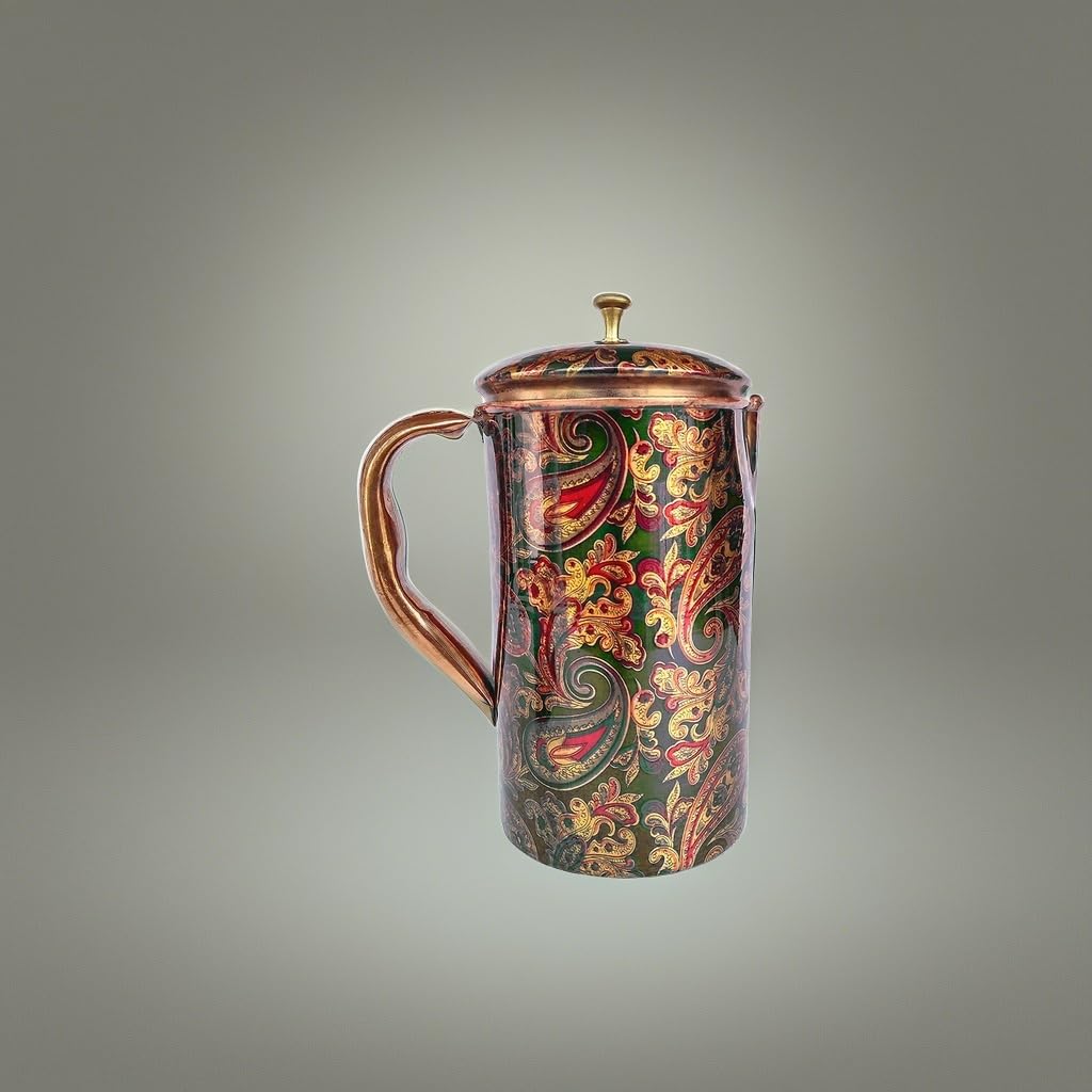 Rastogi Handicrafts Pure Copper Water Jug with Screen Printing - Traditional Indian Pitcher for Home & Kitchen | Perfect for Ayurvedic Water Storage, Gift Giving & Decorative Use
