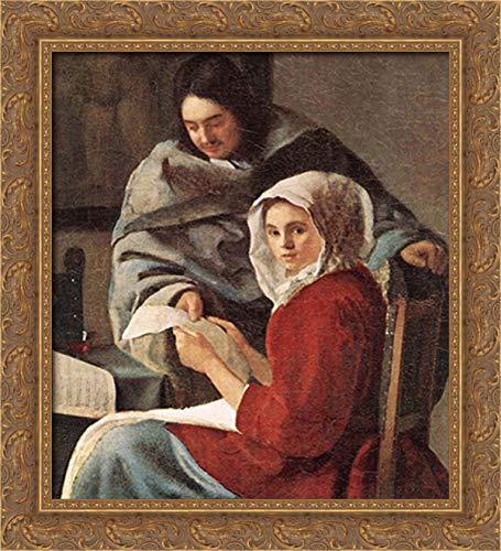 Girl Interrupted At Her Music by Johannes Vermeer - 20x22 Inch Gold Ornate Wood Framed Canvas Art Reproduction - Perfect for Living Room, Bedroom or Office Wall Decor