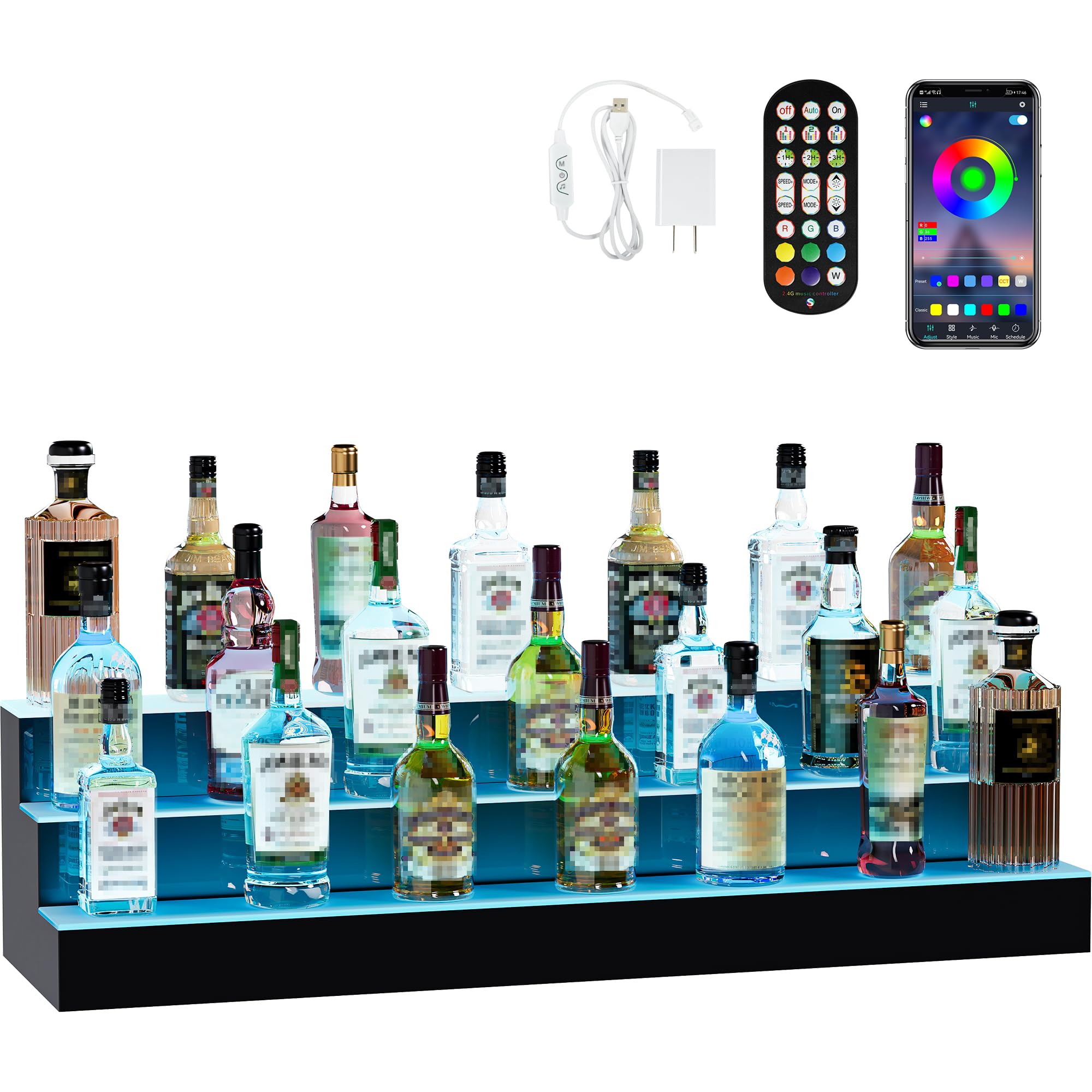 YITAHOME 40-inch 3-Tier LED Lighted Liquor Bottle Display Shelf - Acrylic Wall Mounted Whiskey Rack with Remote & App Control - Perfect for Home Bar, Counter Display & Party Decor