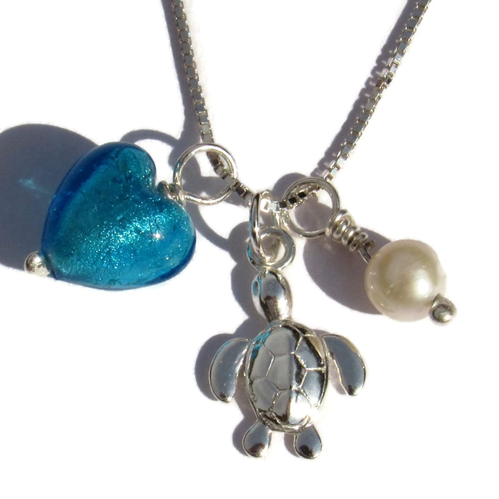 Turtle Charm Necklace - Murano Glass & Pearl for Gifting