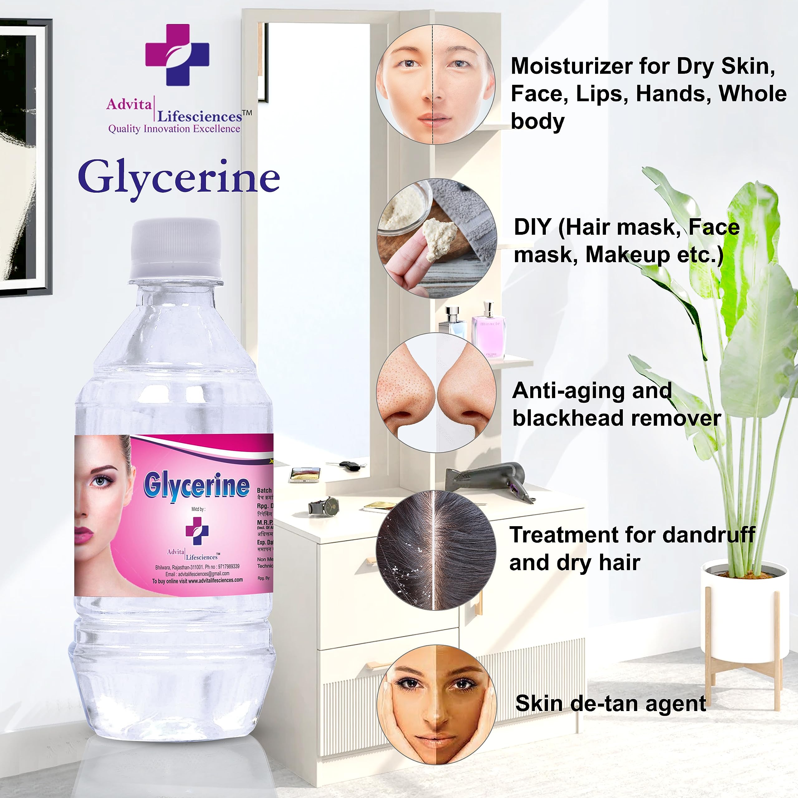 Advita Lifesciences Pure & Thick Liquid Glycerin (400g) - Natural Unscented Skin & Hair Moisturizer for Dryness Relief | Hydrates Face, Body & Scalp | Perfect for DIY Beauty Recipes & Winter Care