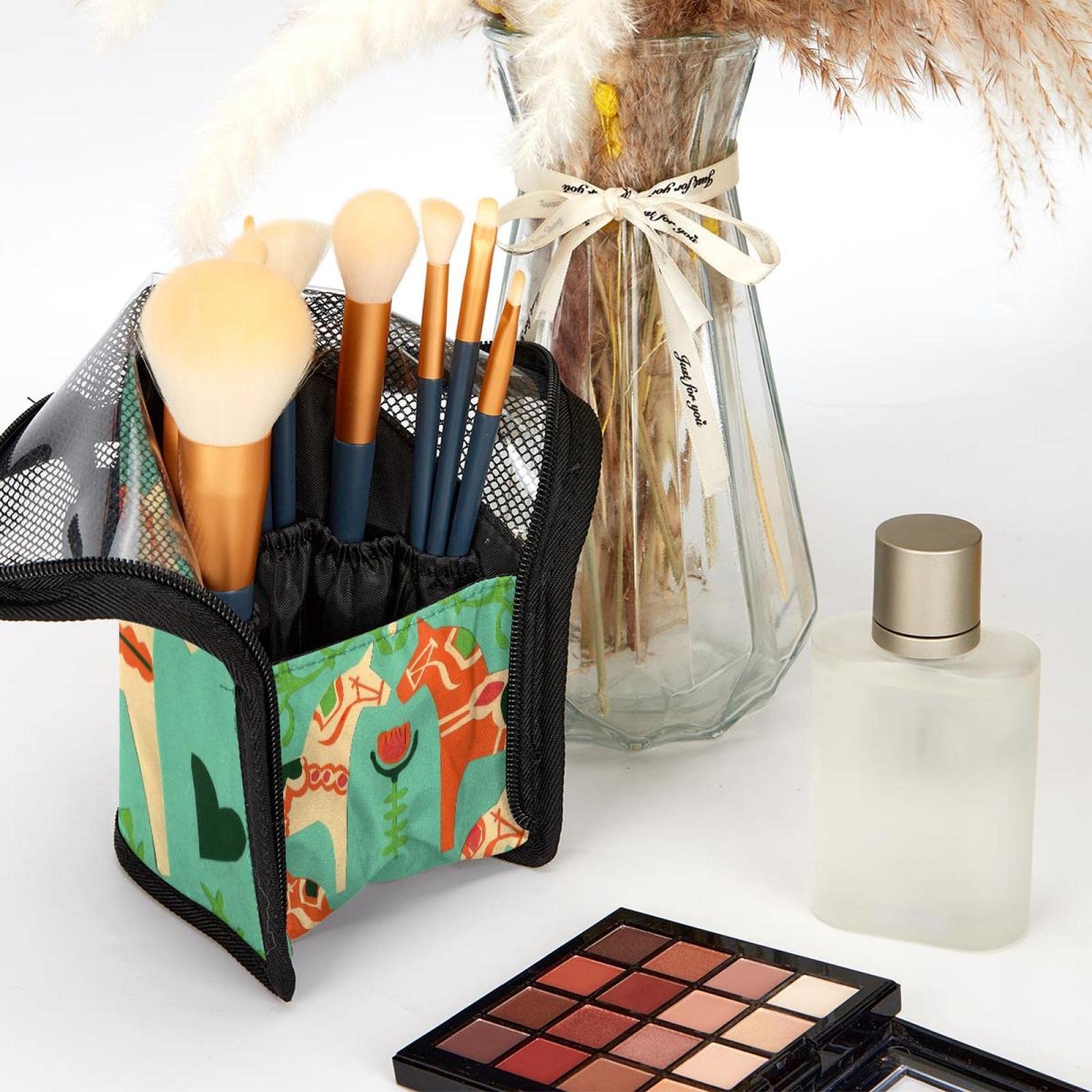 Premium 12-Slot Makeup Brush Organizer Bag with Horse Paper Cut Flower Design - Portable Travel Makeup Brush Holder Case for Professional & Home Use - Perfect for Makeup Artists, Travelers & Daily Beauty Routine