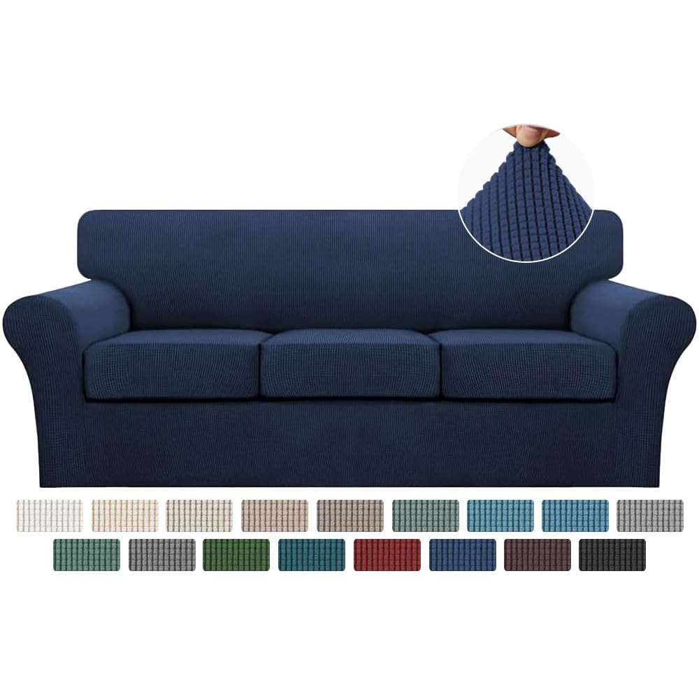 Turquoise 4-Piece Sofa Slipcover Set for 3-Cushion Couch - Soft Washable Jacquard Fabric Furniture Protector with Individual Cushion Covers (Navy Blue) - Perfect for Pet Owners & Living Room Decor