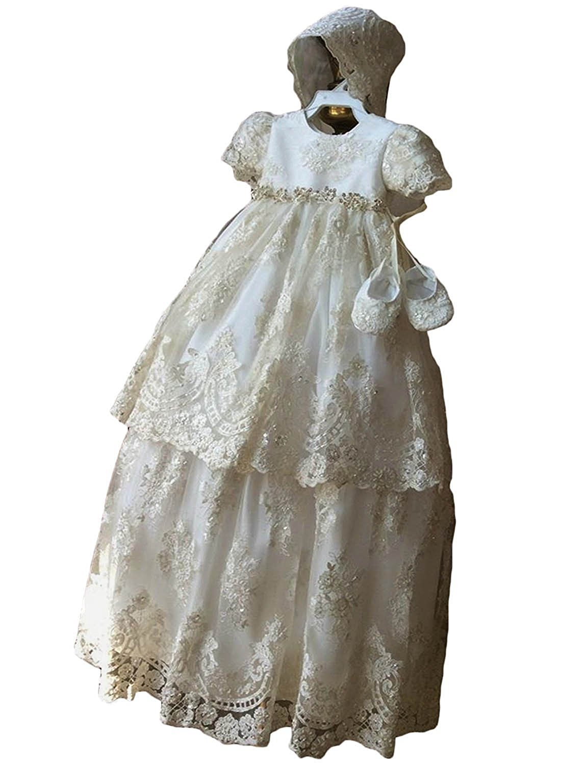 Newdeve Long White Baptism Dresses for Baby Girls - Lace Christening Gowns with Bonnet - Perfect for Church Ceremonies, Baby Showers & Christenings