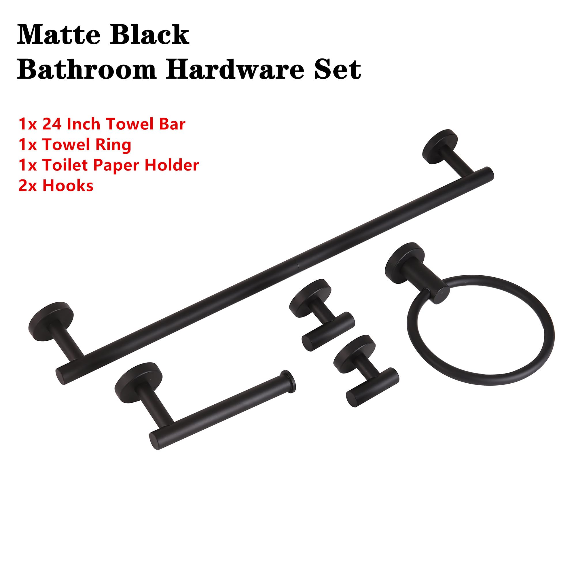 Premium Matte Black Bathroom Hardware Set - 5-Piece Stainless Steel Towel Bar (24 Inch), Toilet Paper Holder & Towel Ring Set - Modern Black Bathroom Accessories Kit for Home, Hotel & Spa Decor