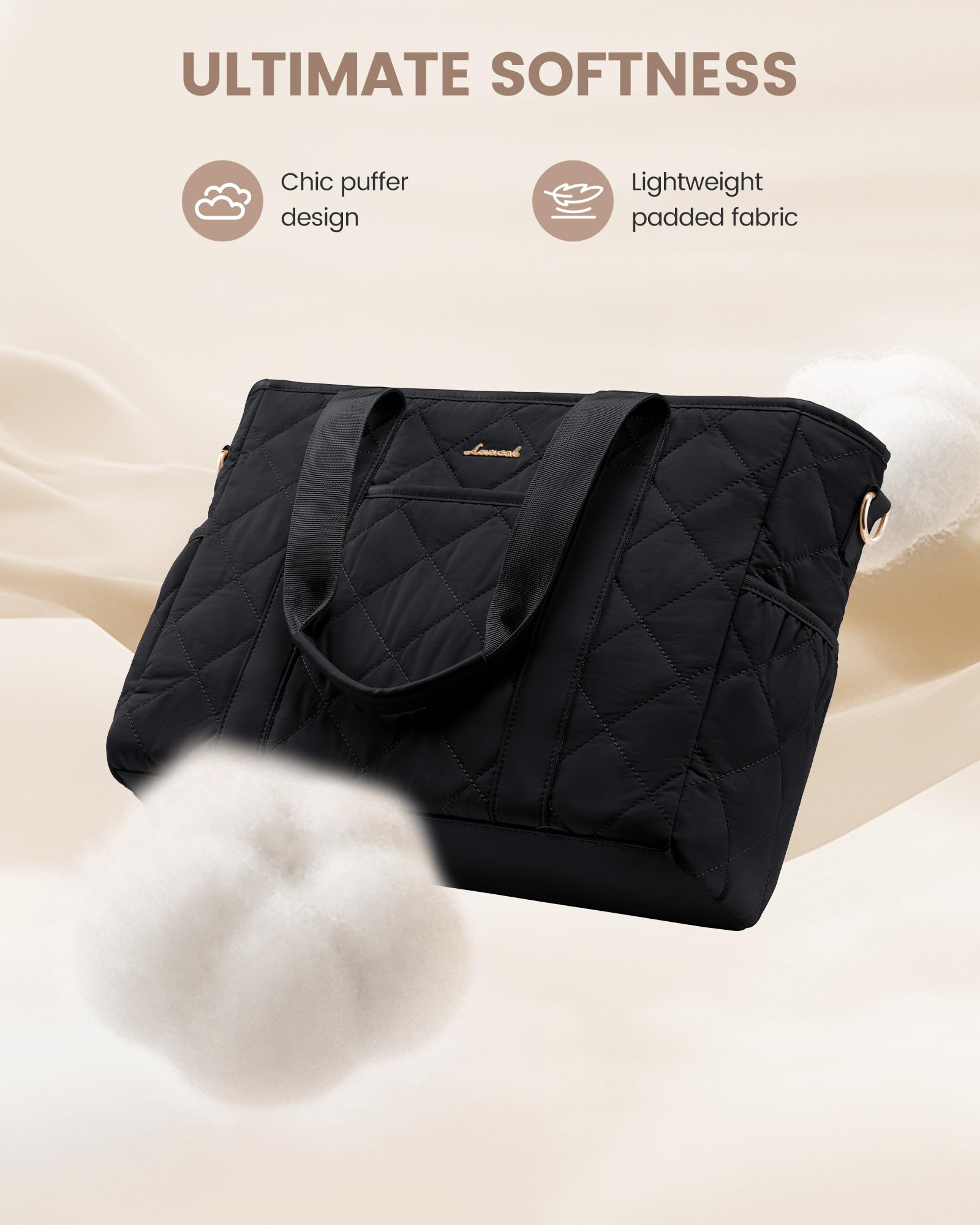 LOVEVOOK Quilted Puffer Tote Bag for Women - 15.6 Inch Laptop Handbag with Zipper, Large Lightweight Shoulder Bag for Work, Travel & Daily Use