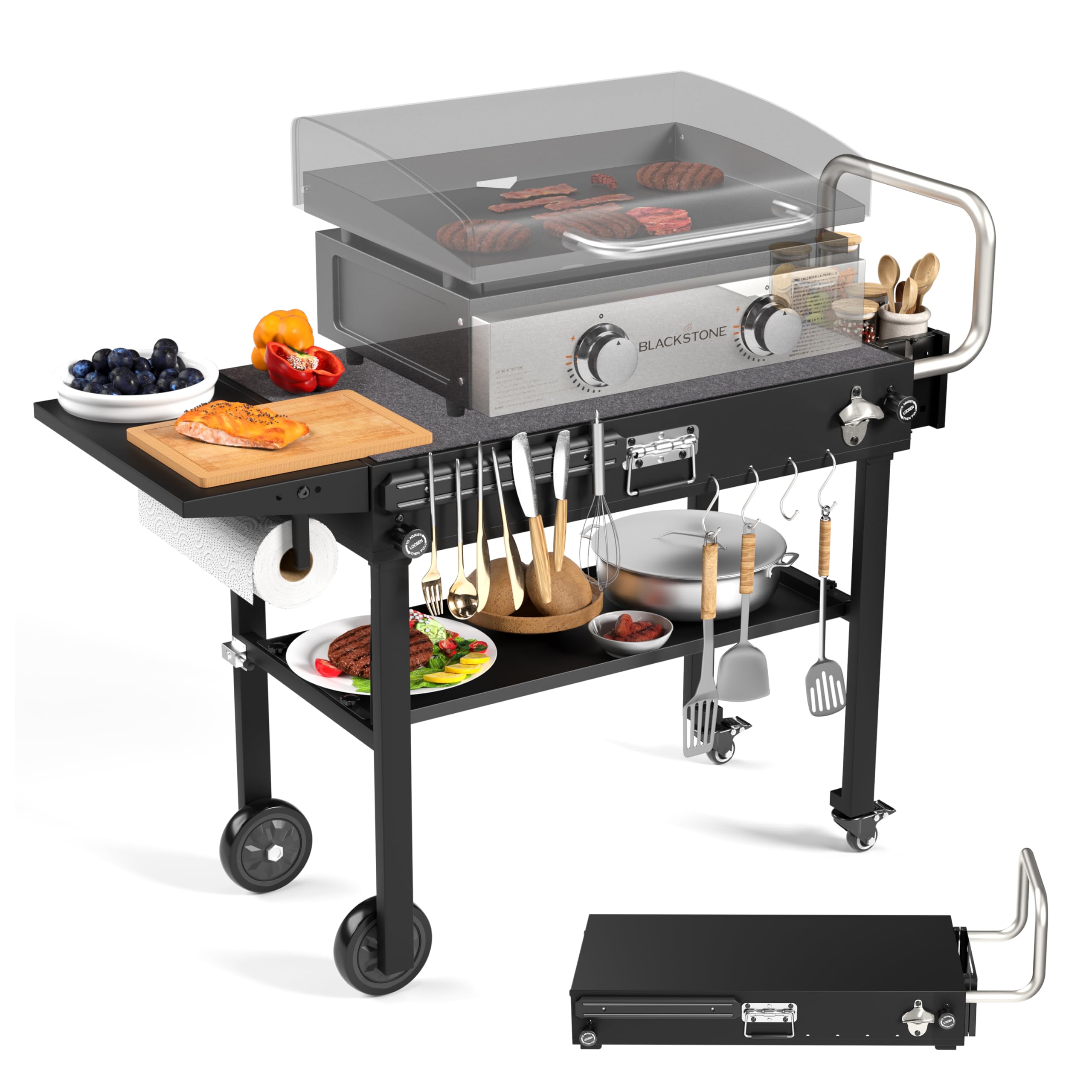 Portable Outdoor Grill Table with Wheels - Folding Grill Cart for Blackstone Griddle & Ninja Grill - Large Cooking Space with Paper Towel Holder - Perfect for Backyard BBQs, Camping & Tailgating Parties