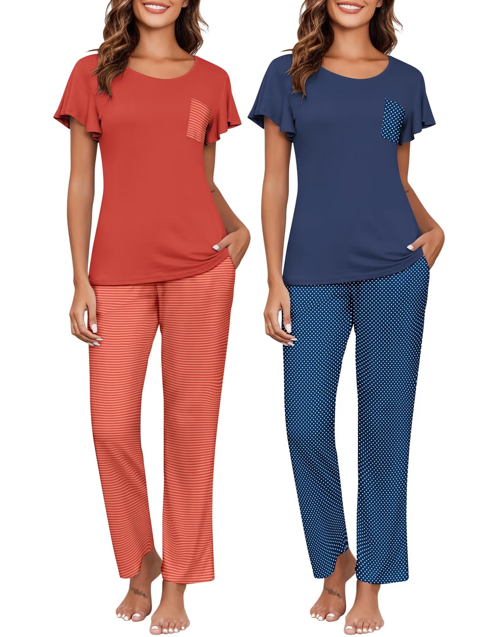 Ekouaer Women's 2-Pack Soft Short Sleeve Pajama Set with Long Pants & Pockets - Comfy Printed Sleepwear for Lounge, Travel & Home Relaxation