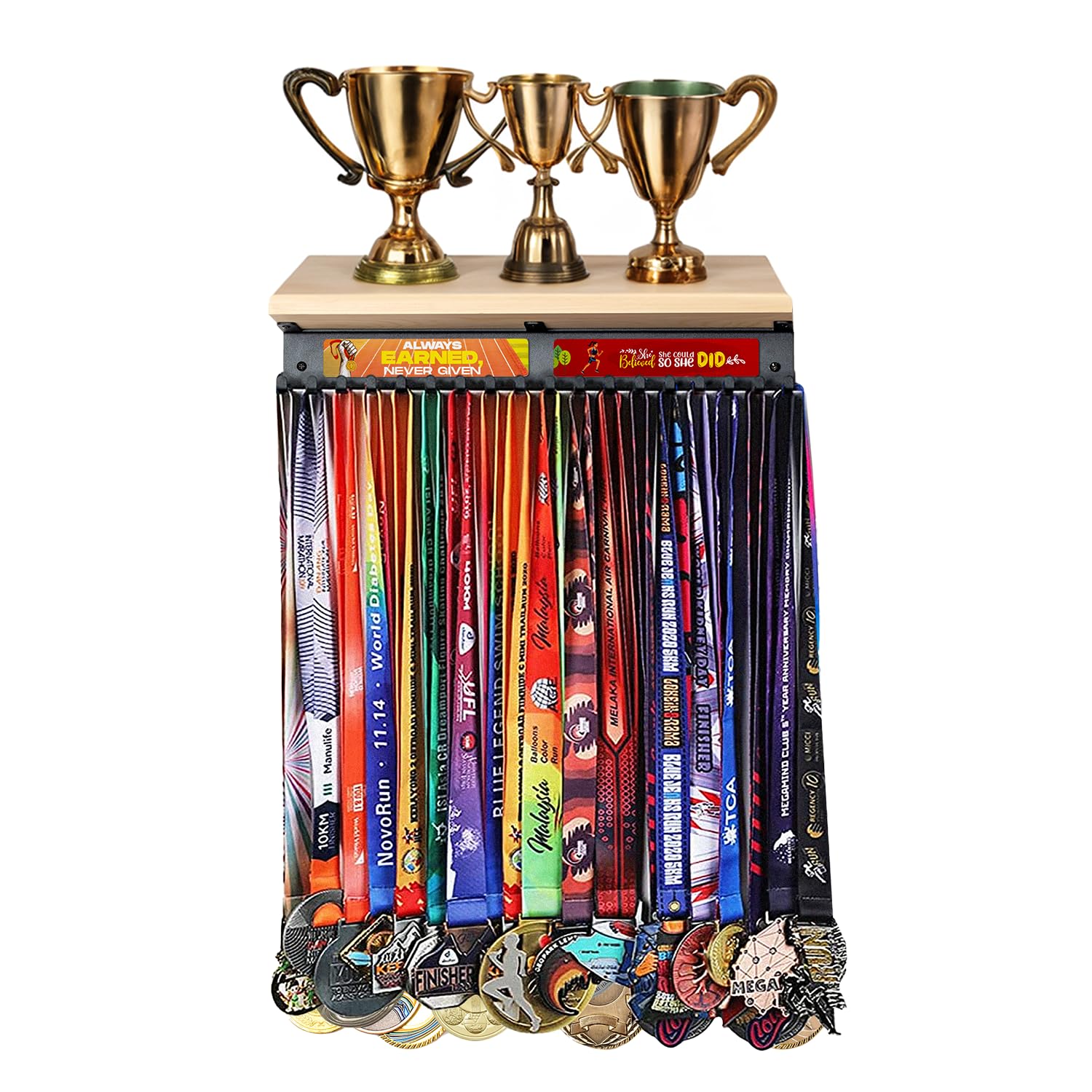 Beaux Creatives Premium Medal Hanger Display with Shelf - 18 Hooks Holds Up to 60 Medals - Wall Mount Trophy Organizer with Motivational Quotes - Perfect for Sports Awards, Military Ribbons & Achievement Displays in Home, Office or Gym