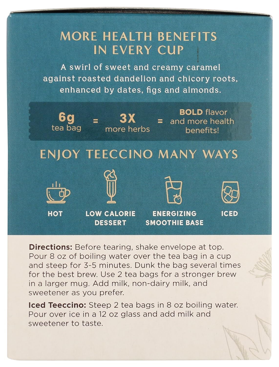 Teeccino Dandelion Caramel Nut Herbal Tea - Caffeine Free, Prebiotic Rich, Gluten Free Roasted Herbal Tea with 3x More Herbs - 10 Tea Bags for Relaxation & Digestive Health